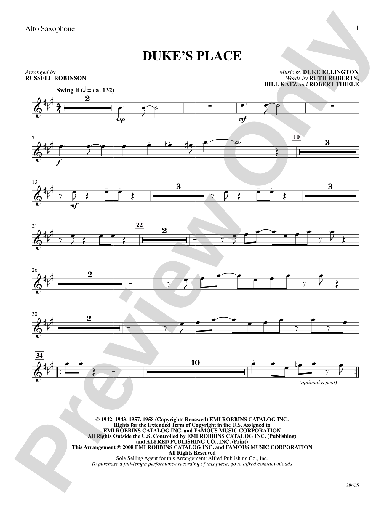 Duke's Place: E-flat Alto Saxophone: Choral SoundPax