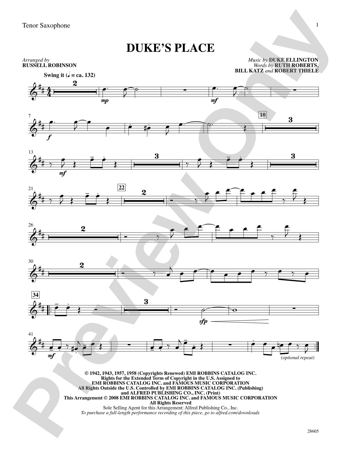 Duke's Place: B-flat Tenor Saxophone: Choral SoundPax