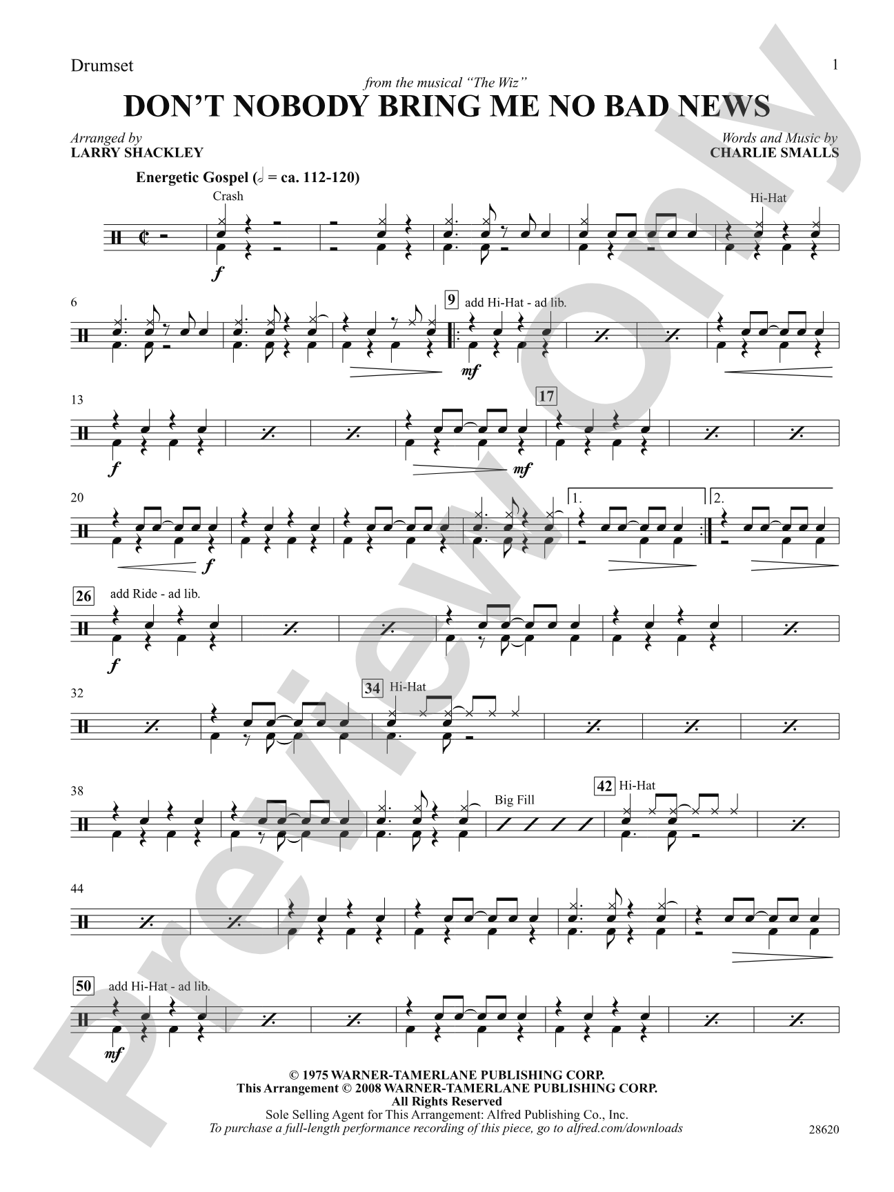 Don't Nobody Bring Me No Bad News (from the musical The Wiz): Drums: Choral SoundPax