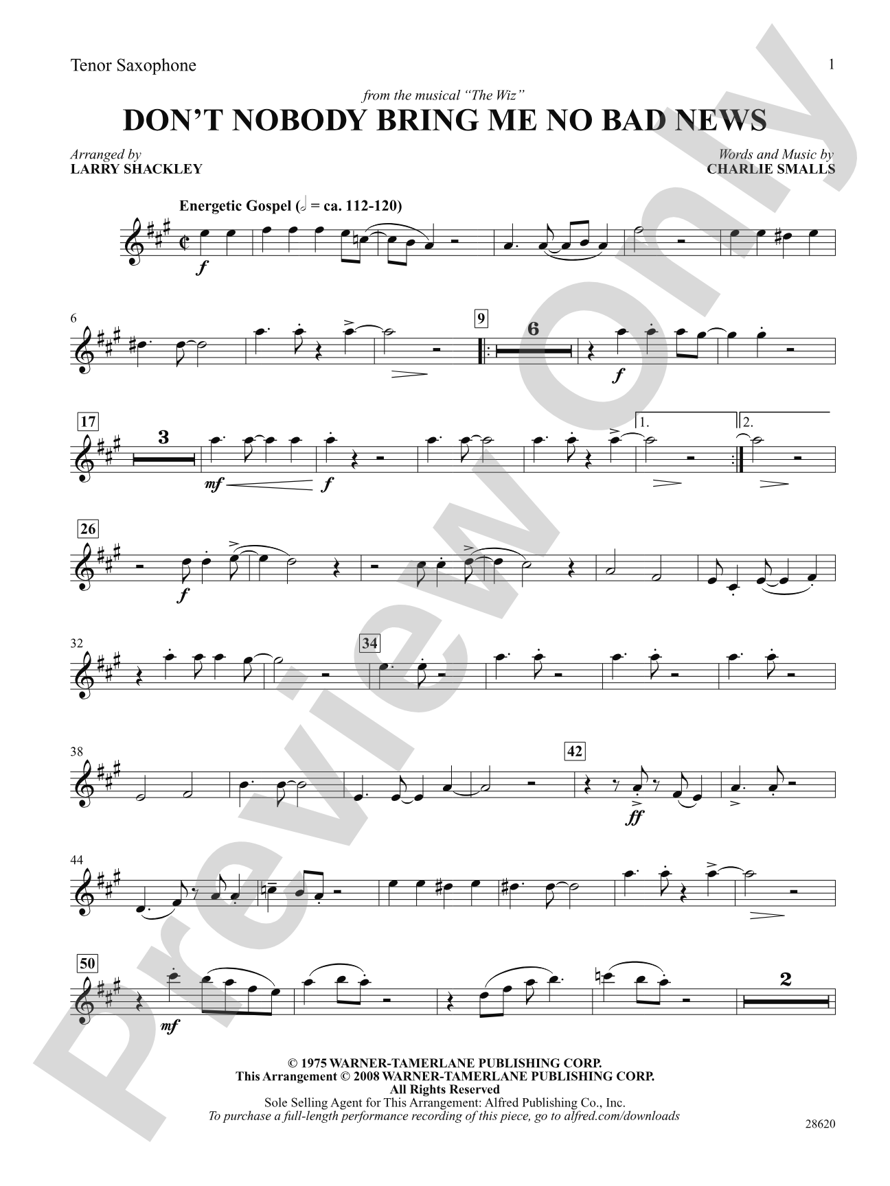 Don't Nobody Bring Me No Bad News (from the musical The Wiz): B-flat Tenor Saxophone: Choral SoundPax