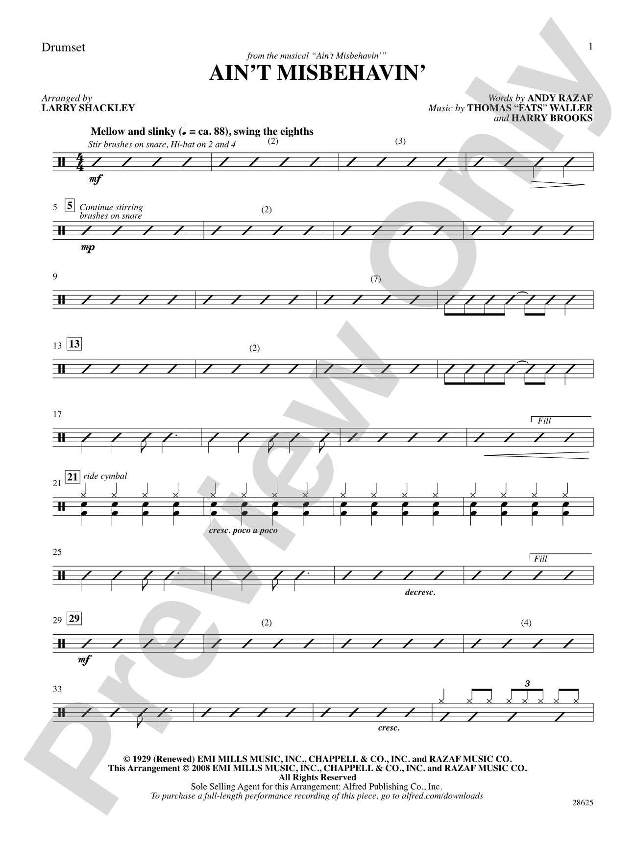 Ain't Misbehavin' (from the musical Ain't Misbehavin'): Drums: Choral SoundPax
