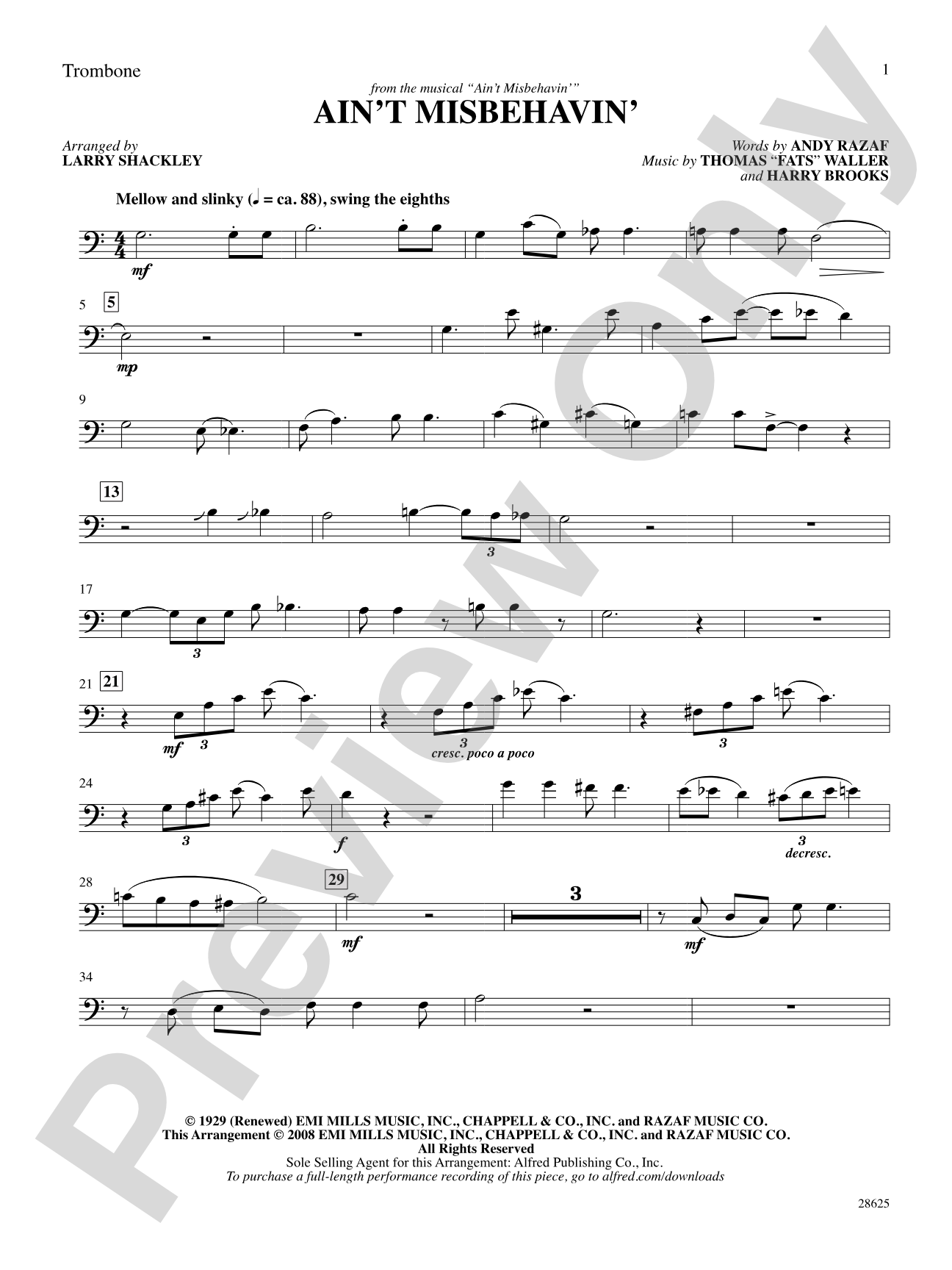 Ain't Misbehavin' (from the musical Ain't Misbehavin'): 1st Trombone: Choral SoundPax