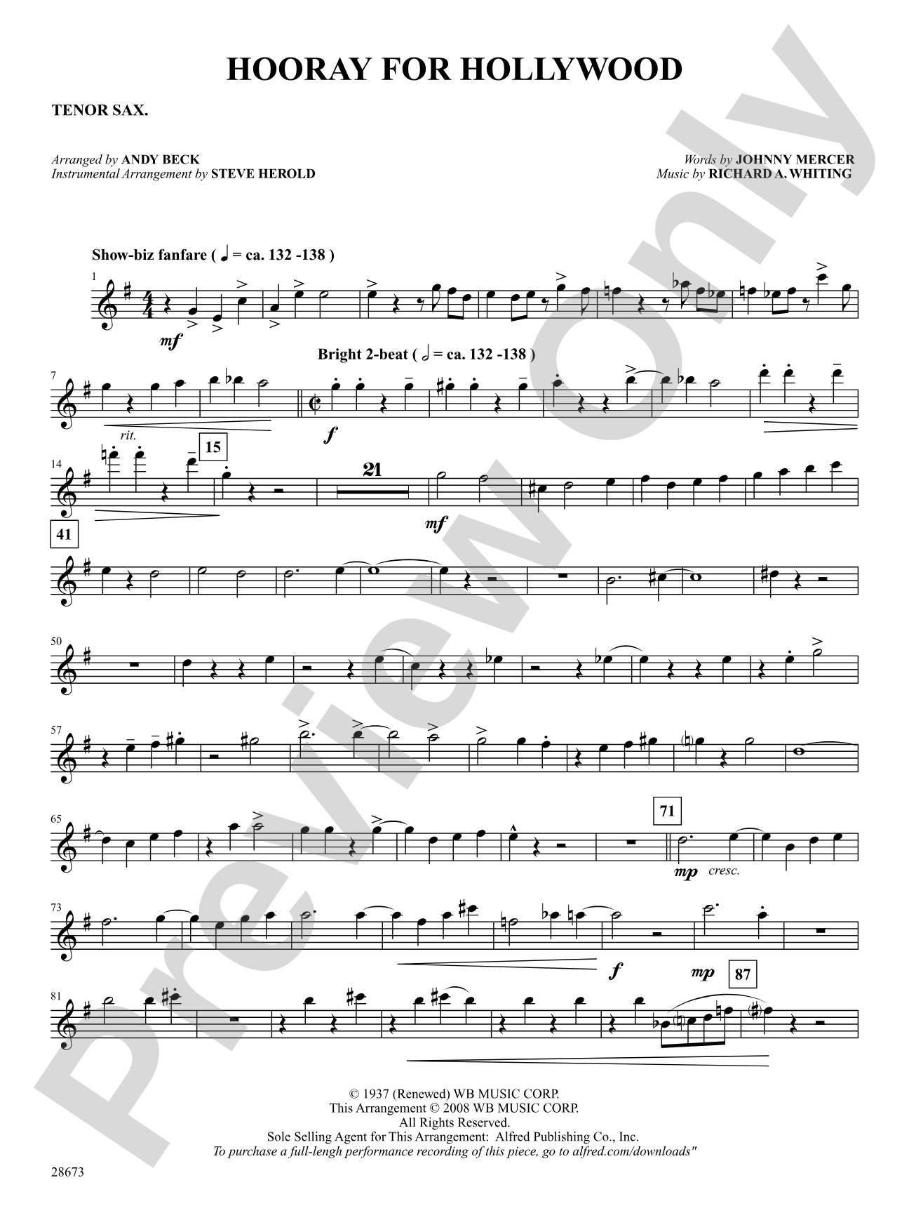 Hooray for Hollywood: B-flat Tenor Saxophone: Choral SoundPax