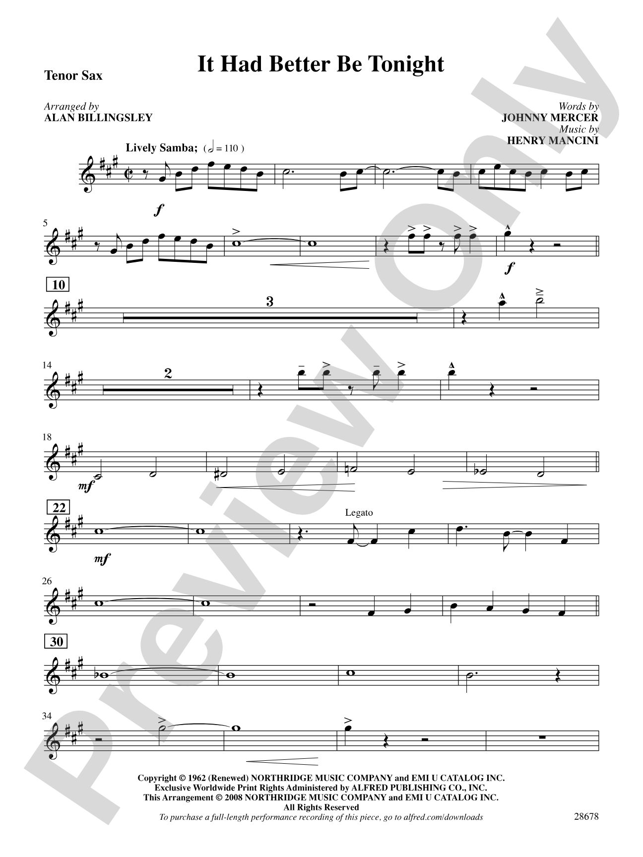 It Had Better Be Tonight (recorded by Michael Buble): B-flat Tenor Saxophone: Choral SoundPax