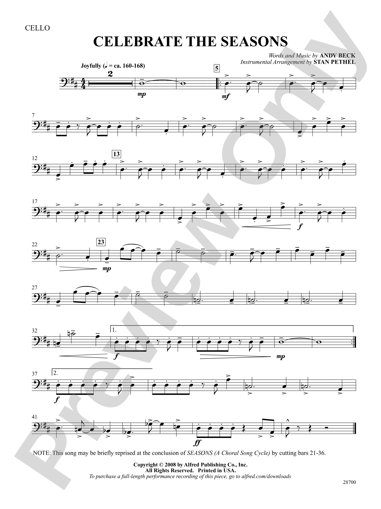 Celebrate the Seasons: Cello: Choral SoundPax