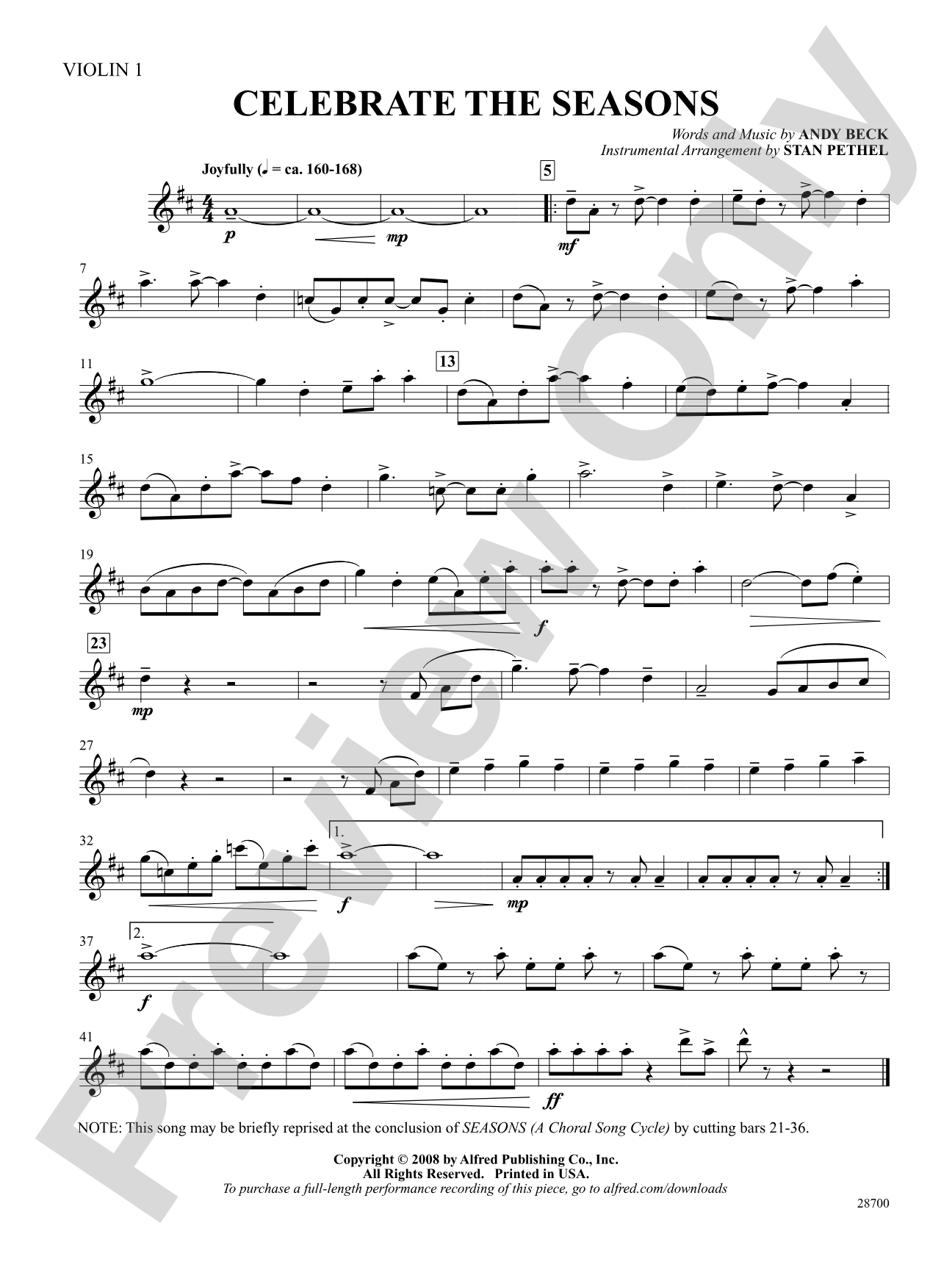 Celebrate the Seasons: 1st Violin: Choral SoundPax