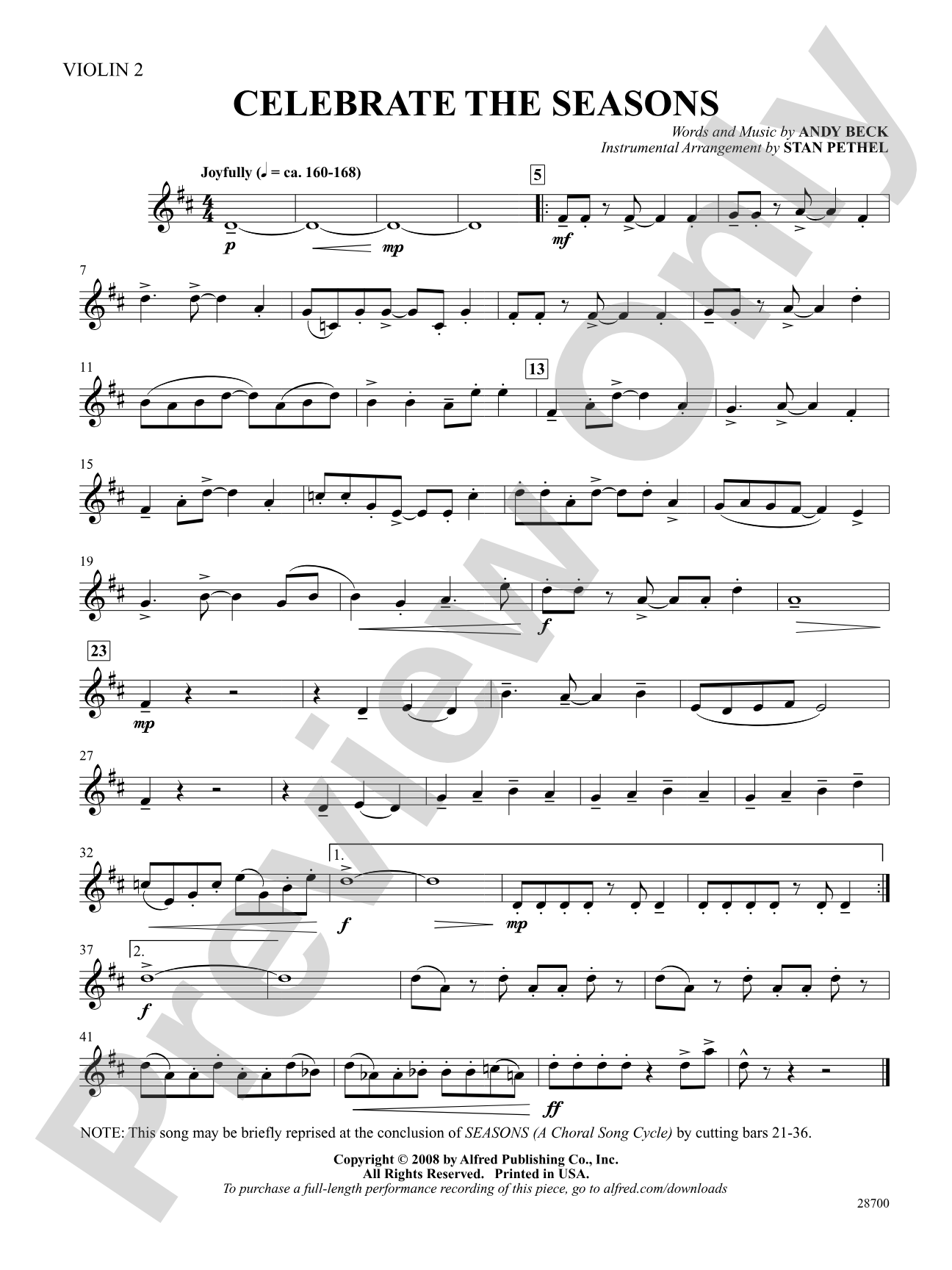 Celebrate the Seasons: 2nd Violin: Choral SoundPax