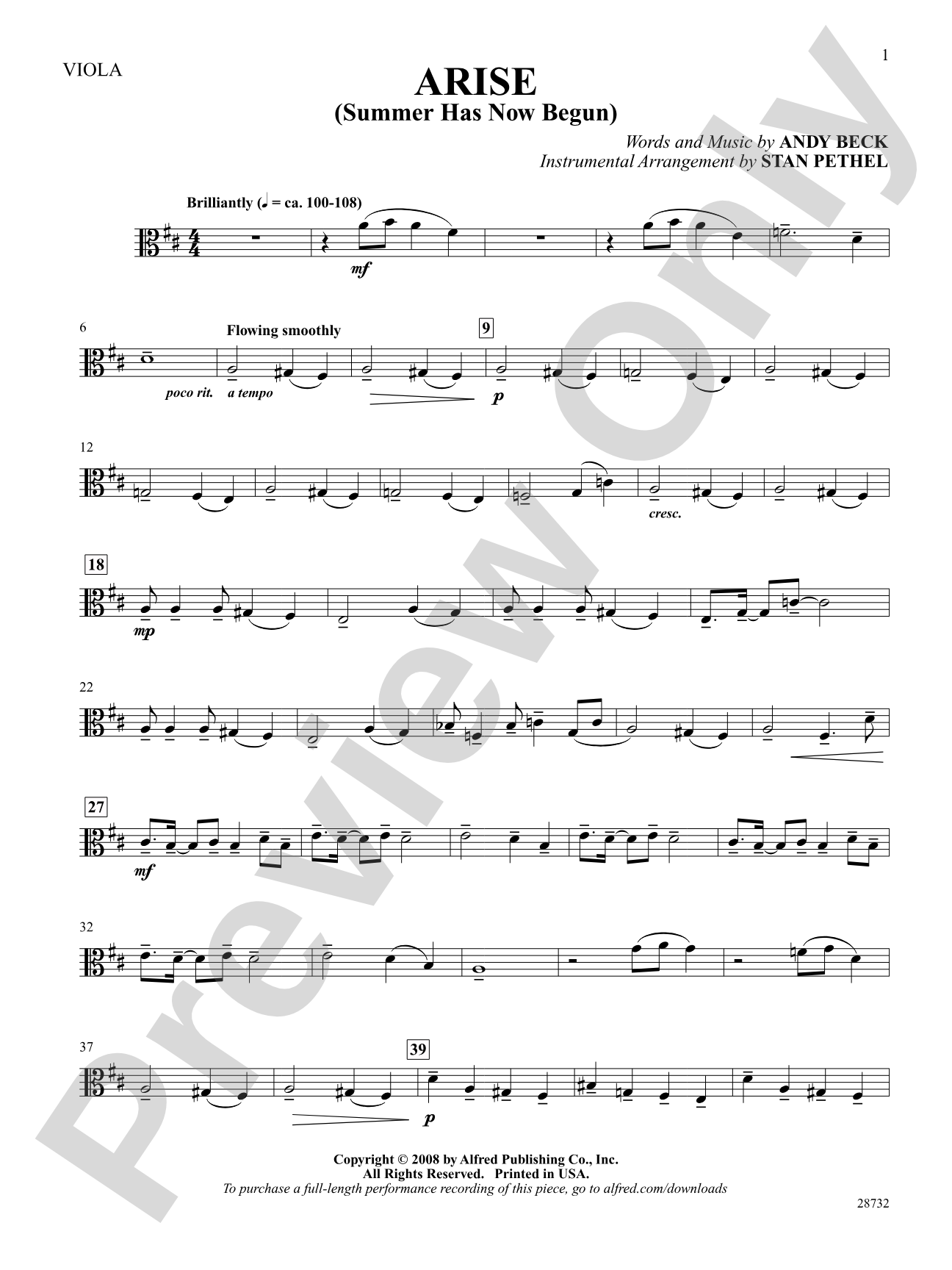 Arise (Summer Has Now Begun): Viola: Choral SoundPax