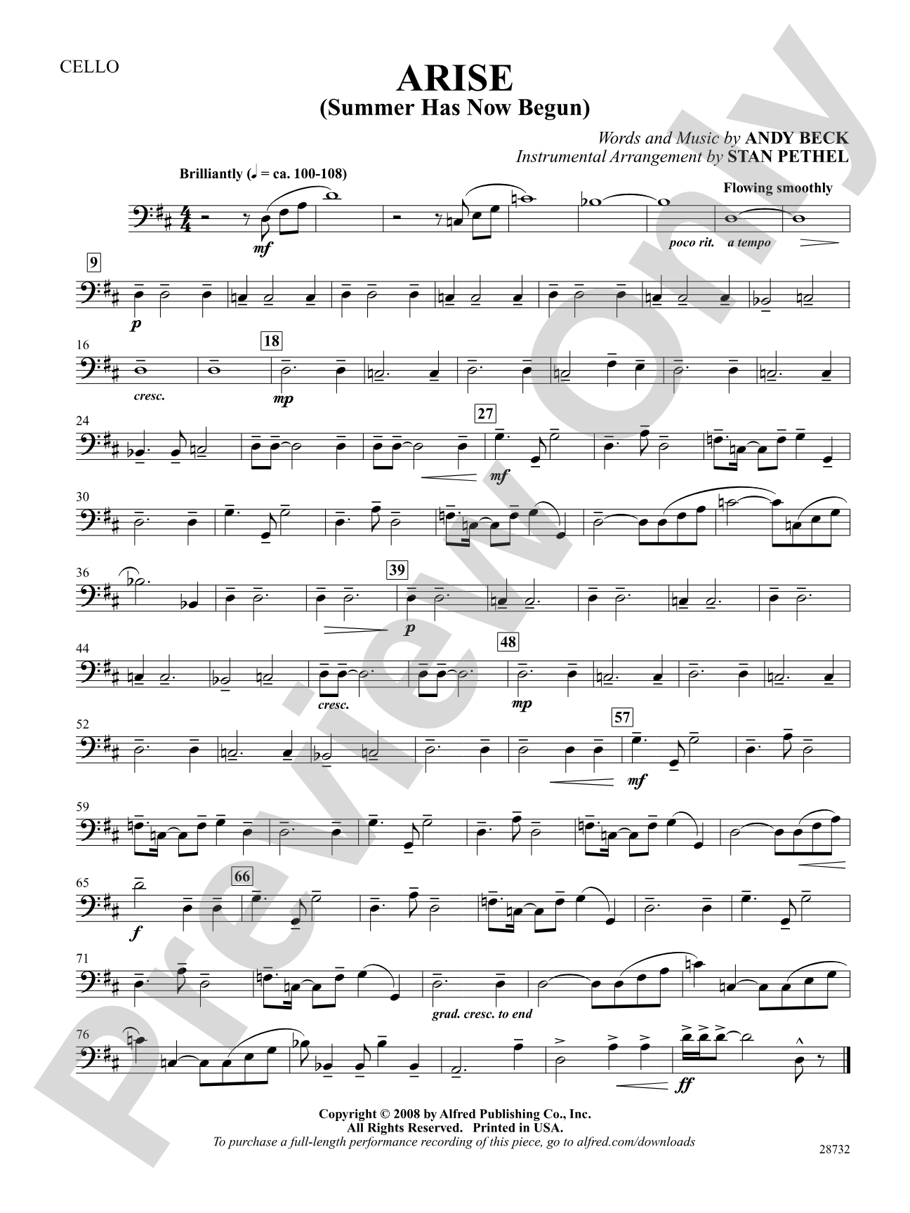 Arise (Summer Has Now Begun): Cello: Choral SoundPax