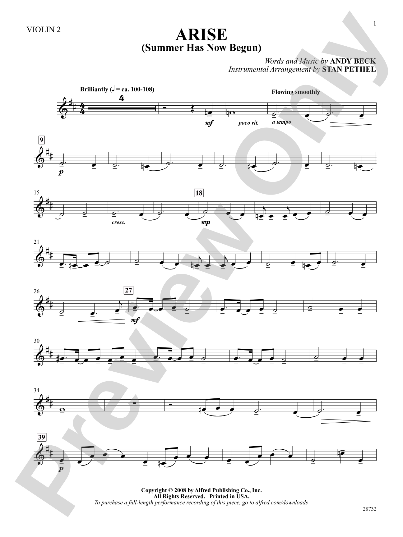 Arise (Summer Has Now Begun): 2nd Violin: Choral SoundPax