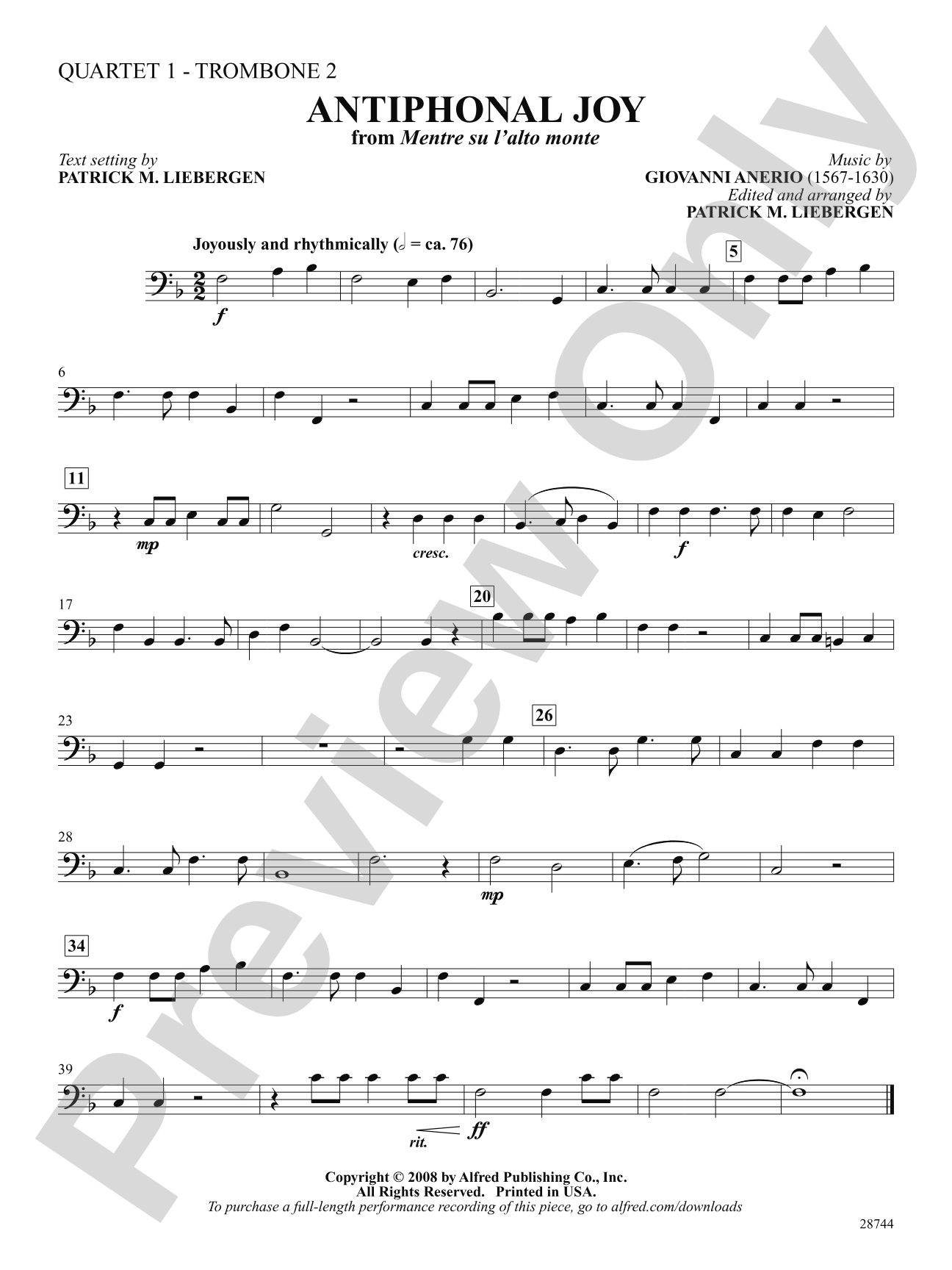 Antiphonal Joy (from Mentre su l'alto monte): 3rd Trombone: Choral SoundPax