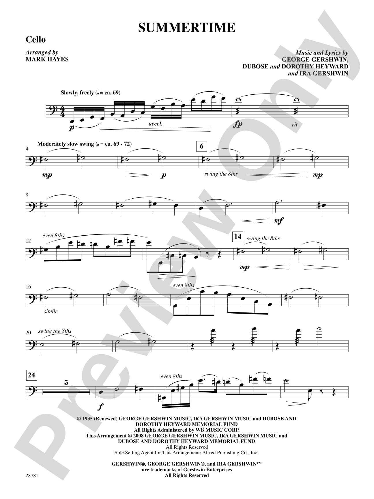 Summertime (from the musical Porgy and Bess): Cello: Choral SoundPax