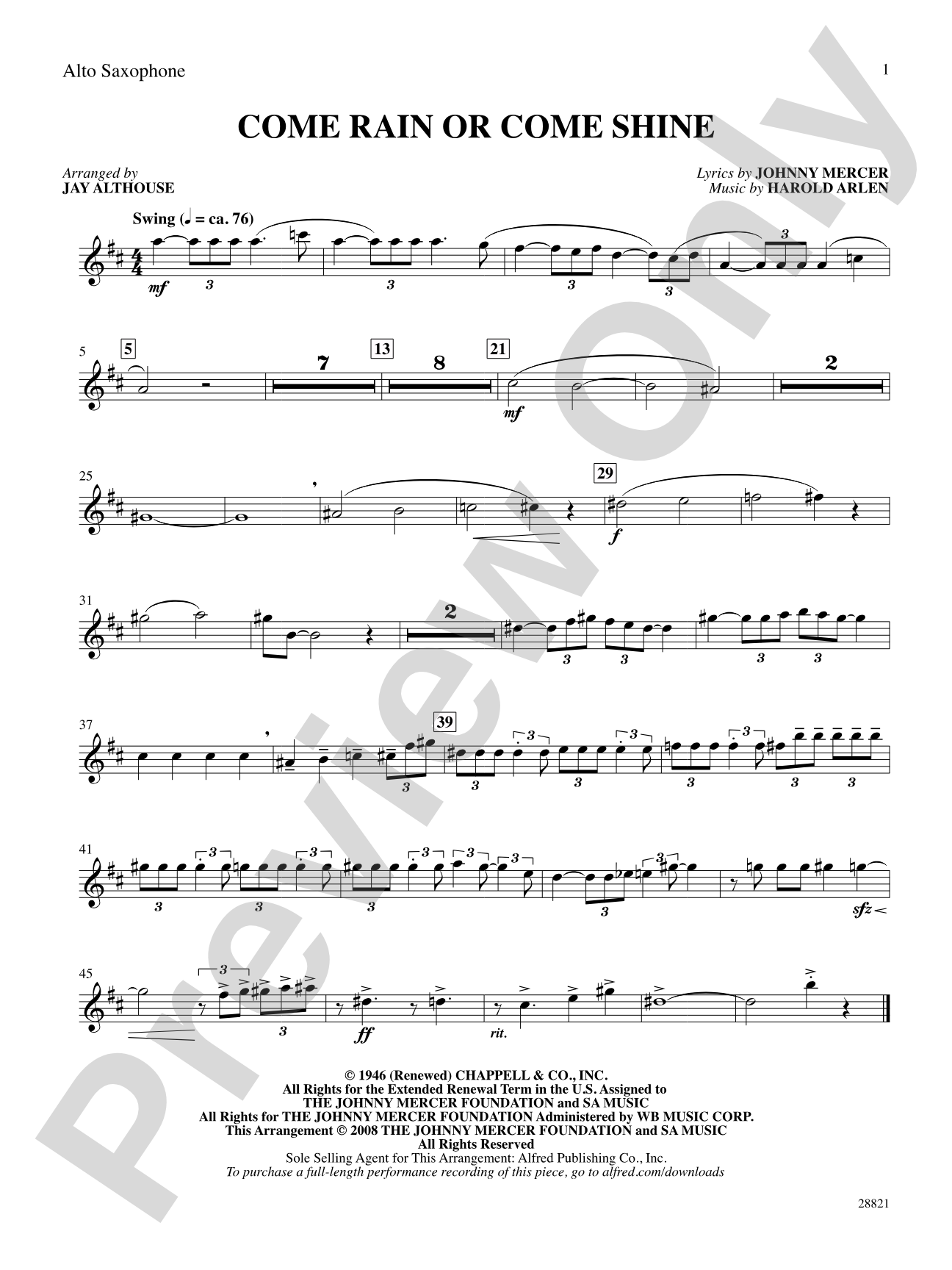 Come Rain or Come Shine: E-flat Alto Saxophone: Choral SoundPax