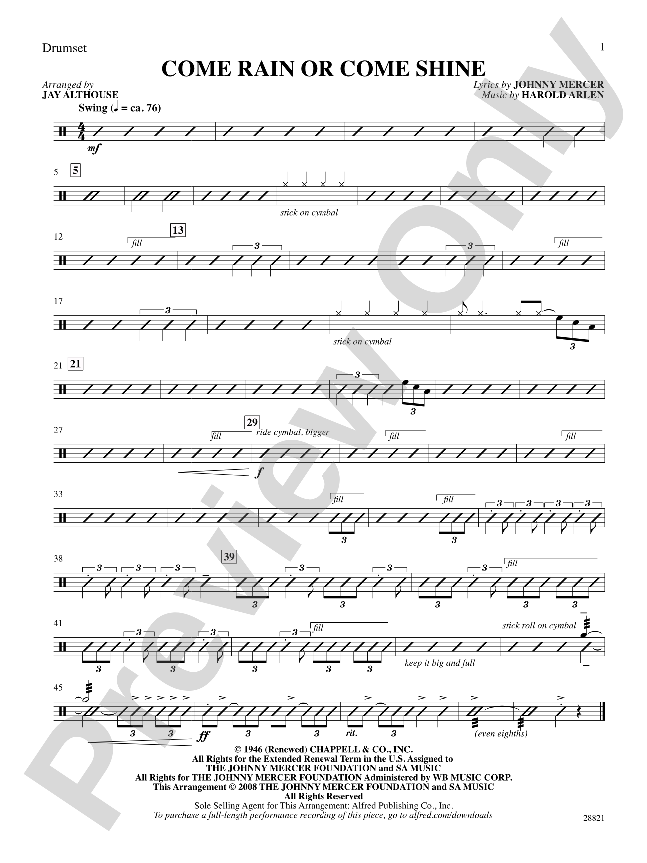 Come Rain or Come Shine: Drums: Choral SoundPax