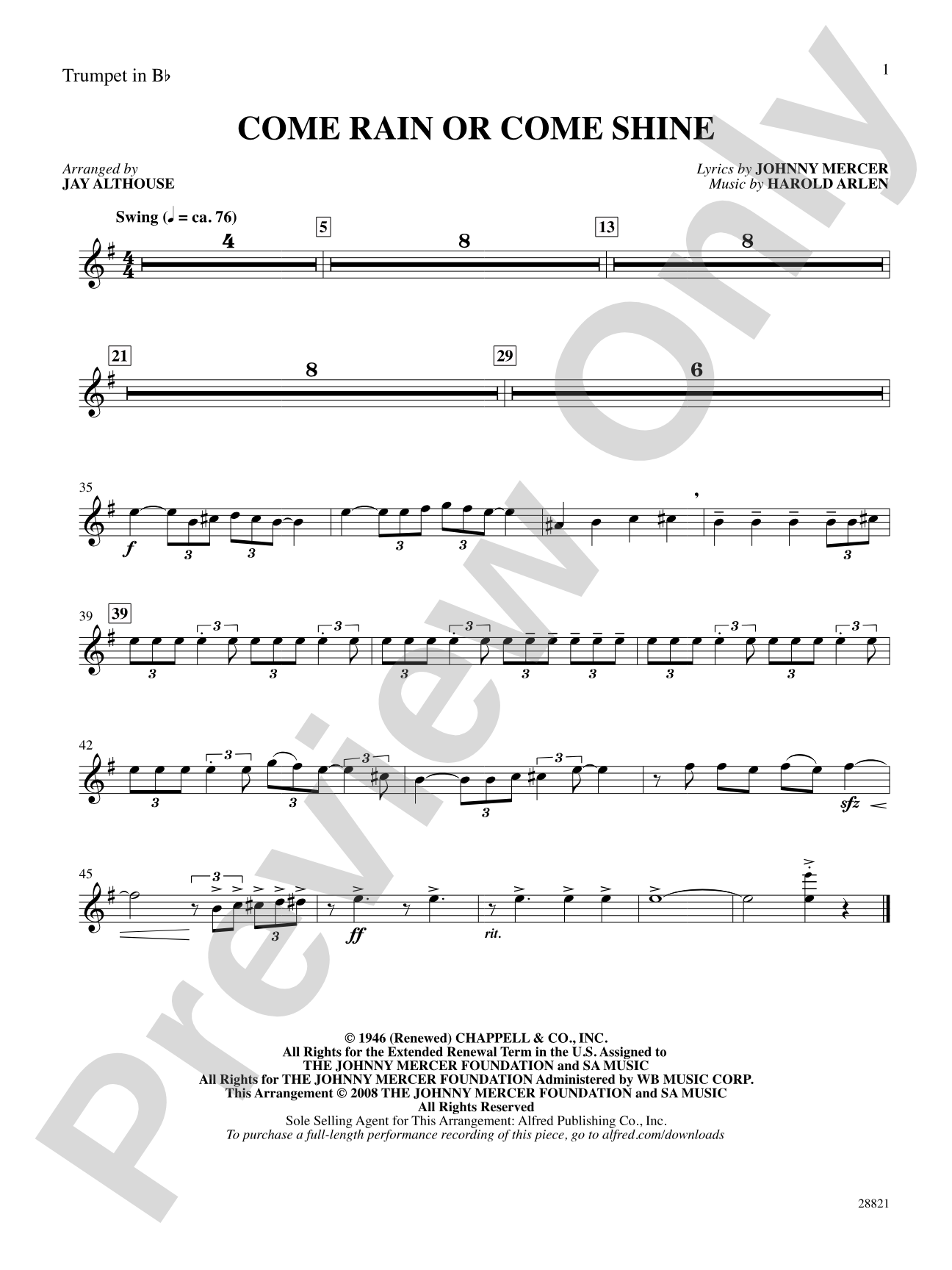 Come Rain or Come Shine: 1st B-flat Trumpet: Choral SoundPax