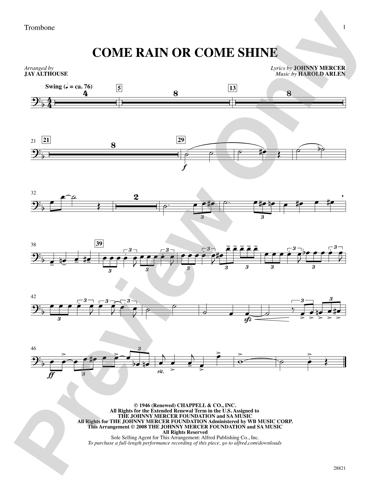 Come Rain or Come Shine: 1st Trombone: Choral SoundPax