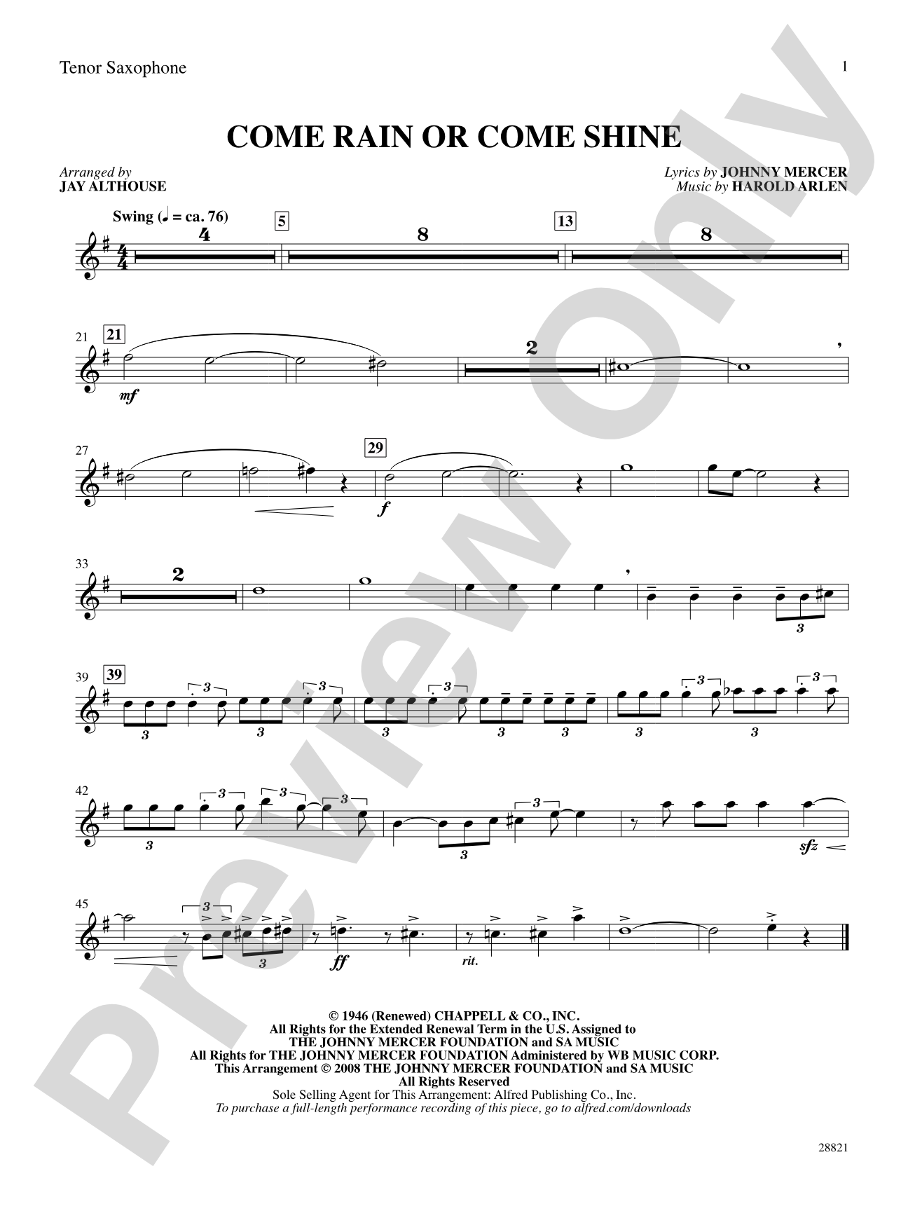 Come Rain or Come Shine: B-flat Tenor Saxophone: Choral SoundPax