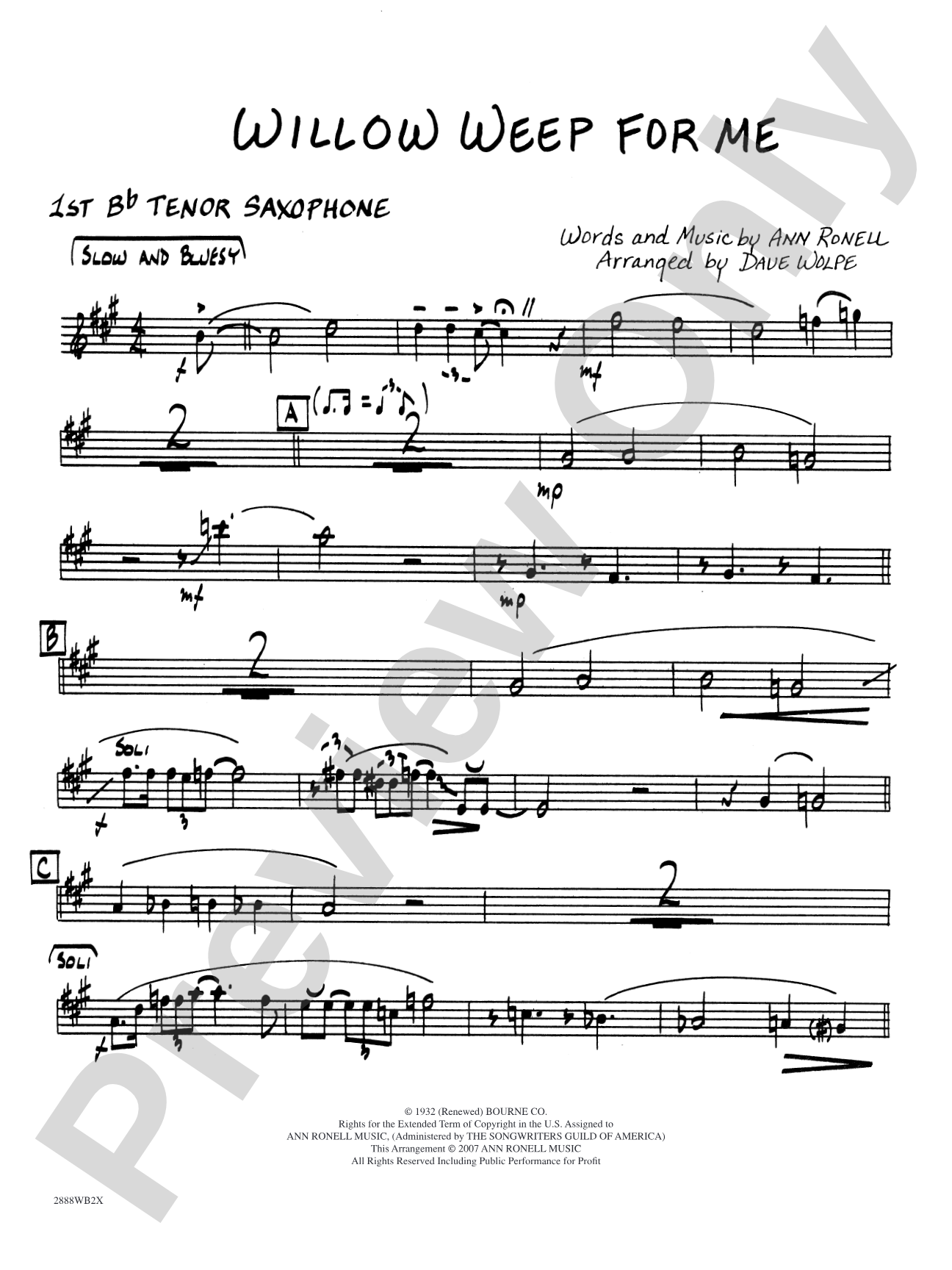Willow Weep for Me: B-flat Tenor Saxophone