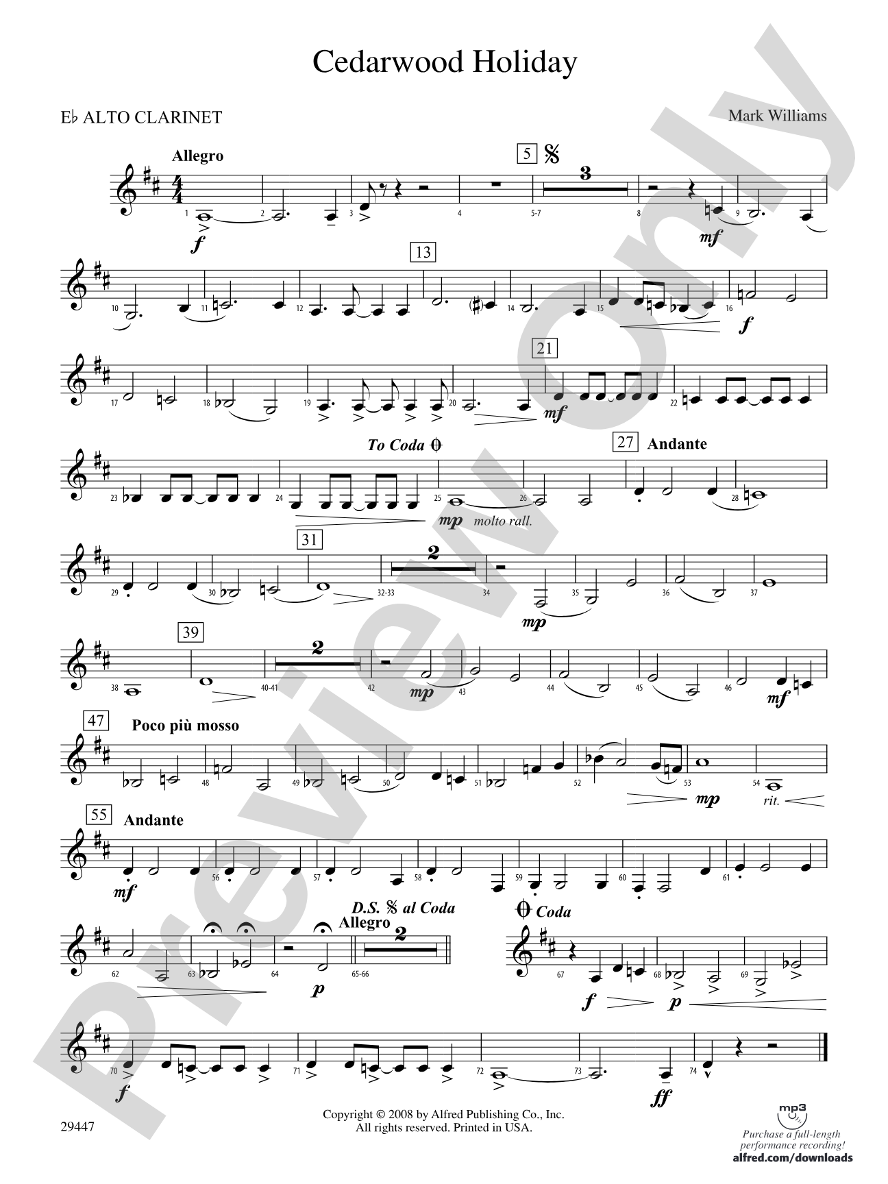Cedarwood Holiday: (wp) E-flat Alto Clarinet