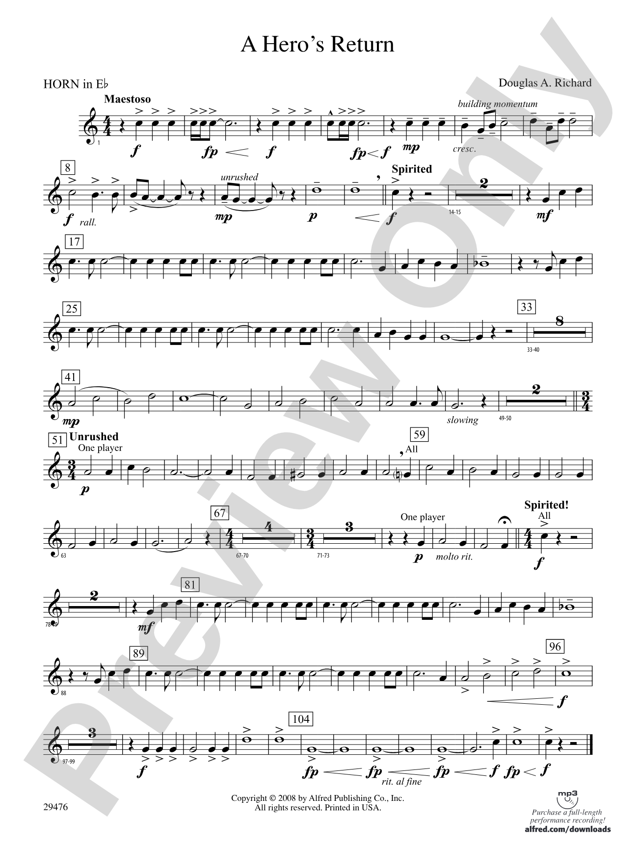 A Hero's Return: (wp) 1st Horn in E-flat