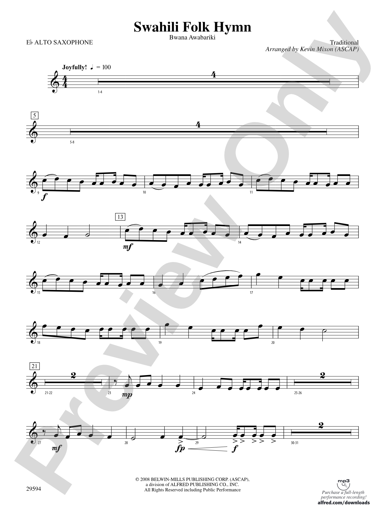 Swahili Folk Hymn (Bwana Awabariki): E-flat Alto Saxophone