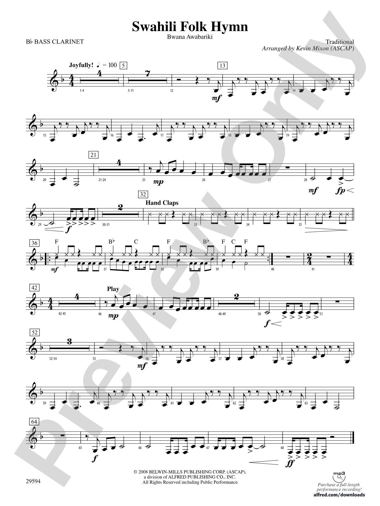 Swahili Folk Hymn (Bwana Awabariki): B-flat Bass Clarinet