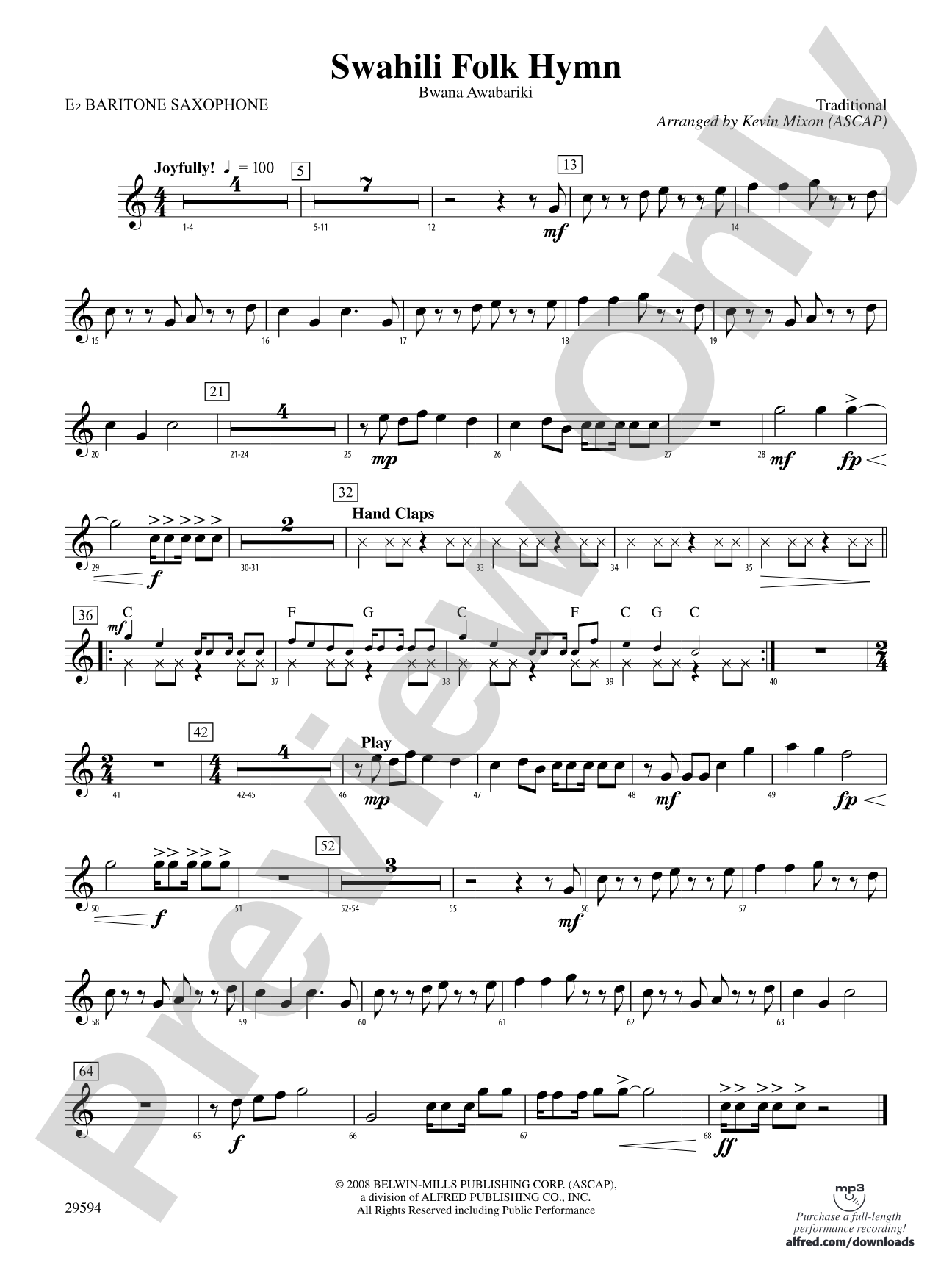 Swahili Folk Hymn (Bwana Awabariki): E-flat Baritone Saxophone
