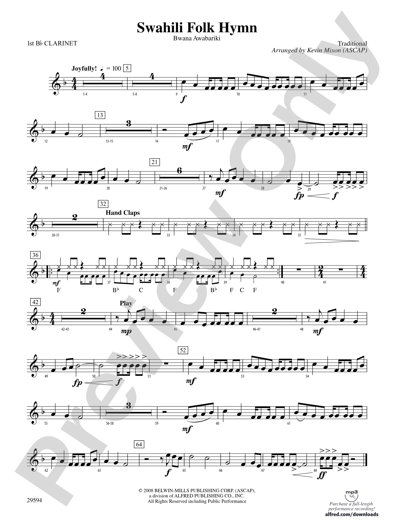Swahili Folk Hymn (Bwana Awabariki): 1st B-flat Clarinet