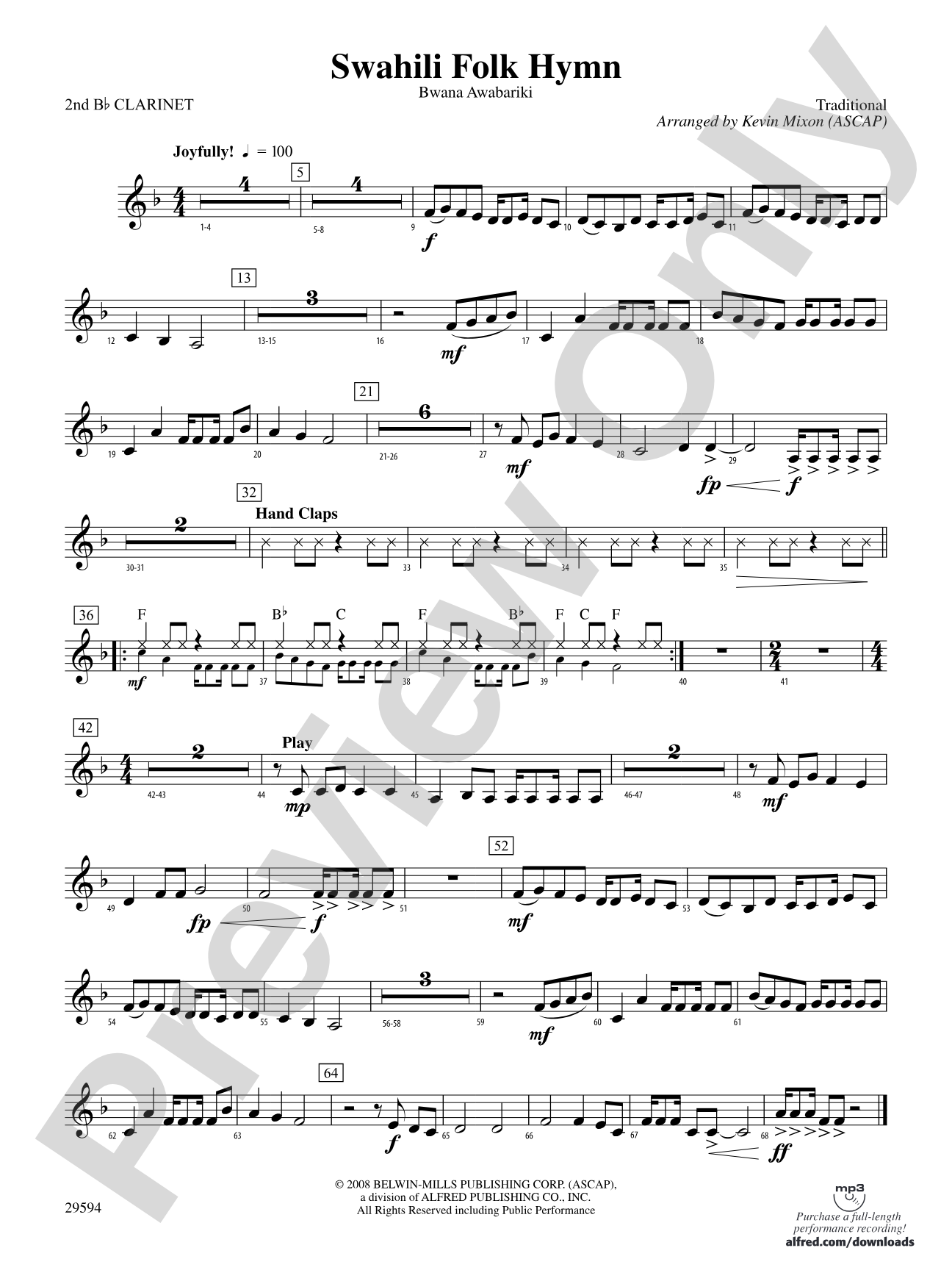 Swahili Folk Hymn (Bwana Awabariki): 2nd B-flat Clarinet