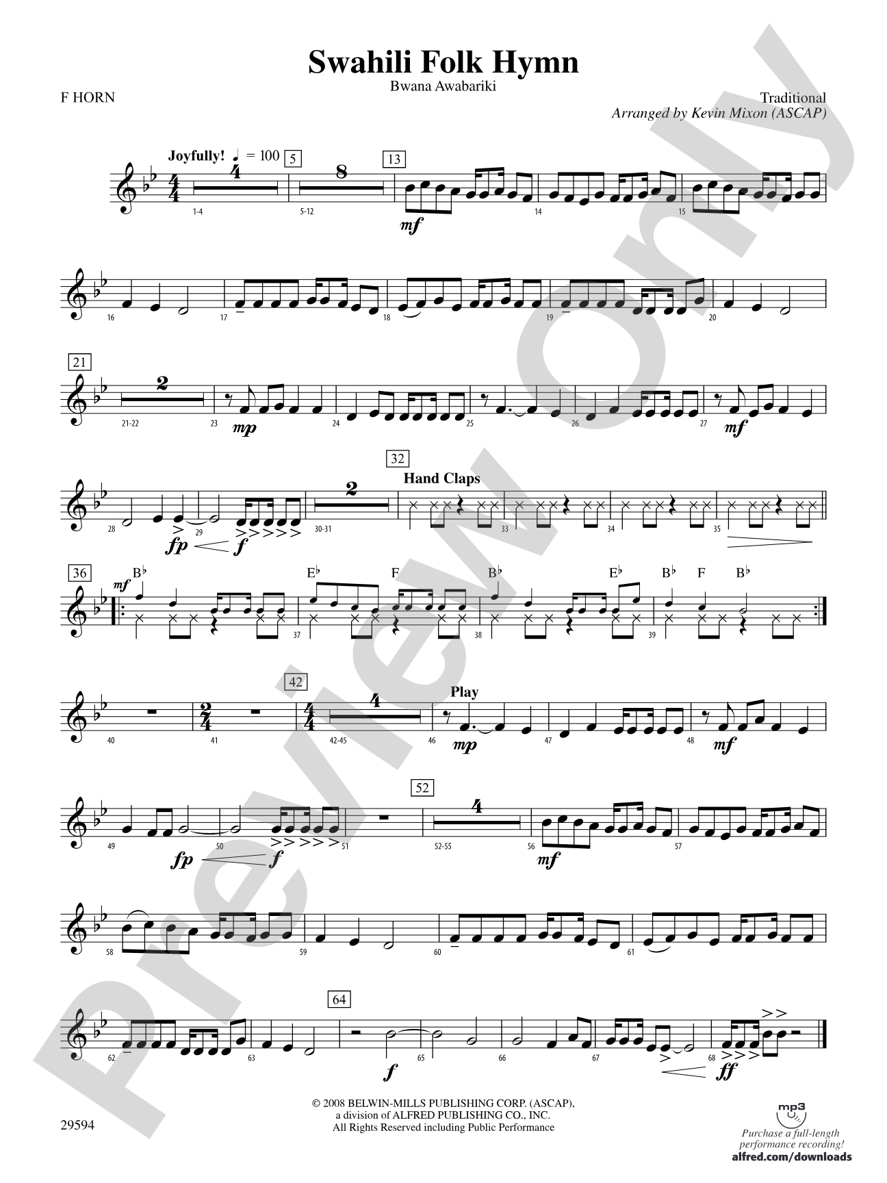 Swahili Folk Hymn (Bwana Awabariki): 1st F Horn
