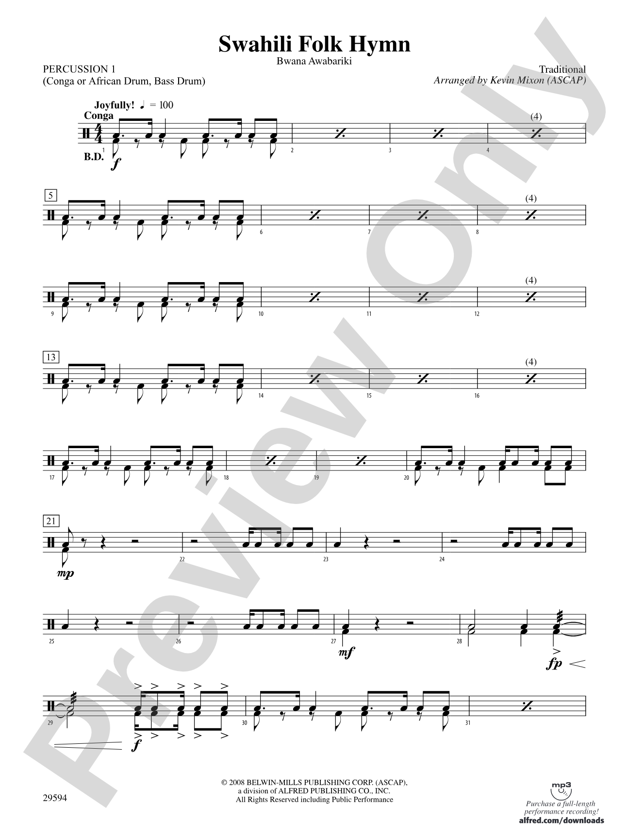 Swahili Folk Hymn (Bwana Awabariki): 1st Percussion