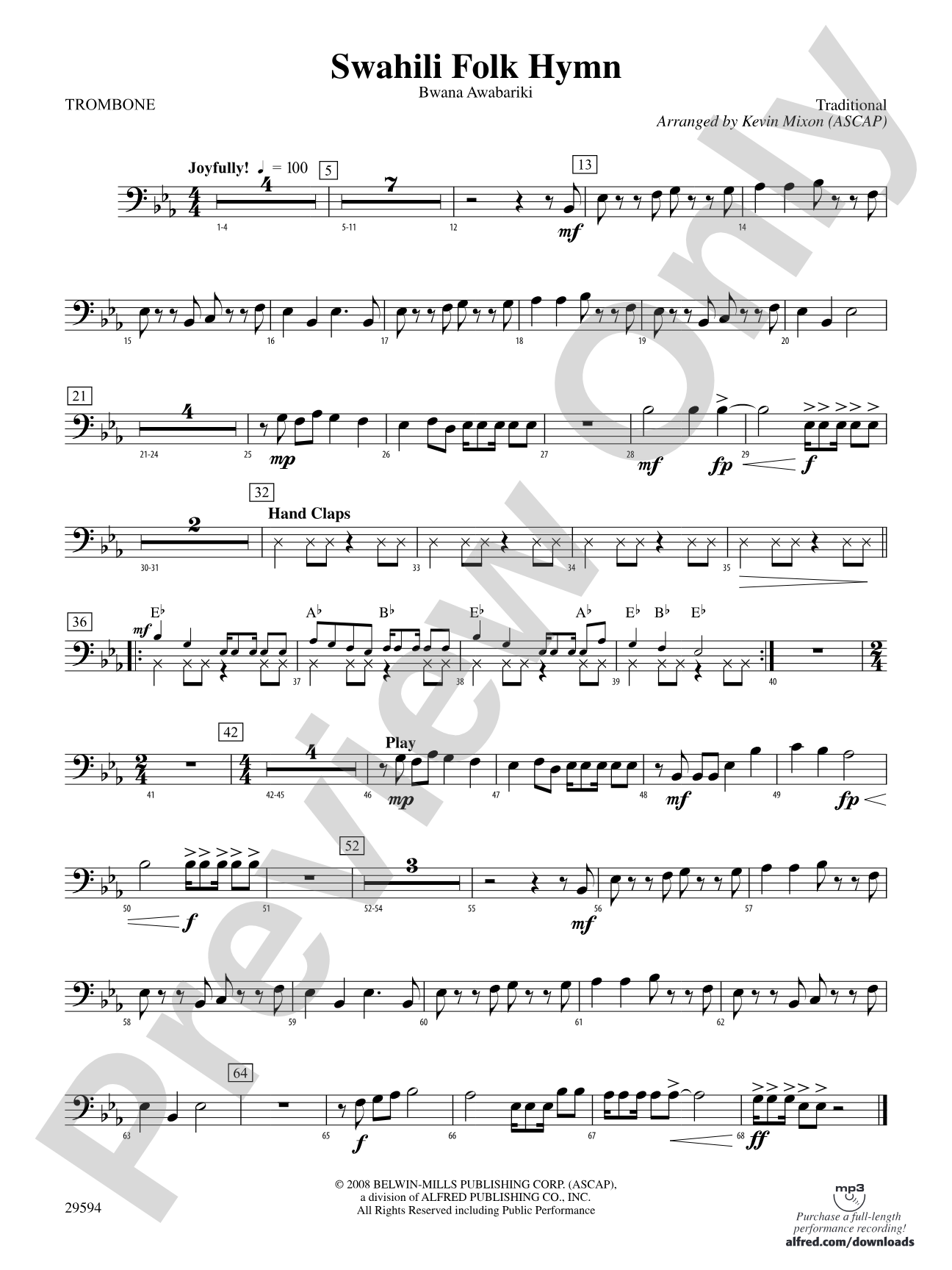 Swahili Folk Hymn (Bwana Awabariki): 1st Trombone