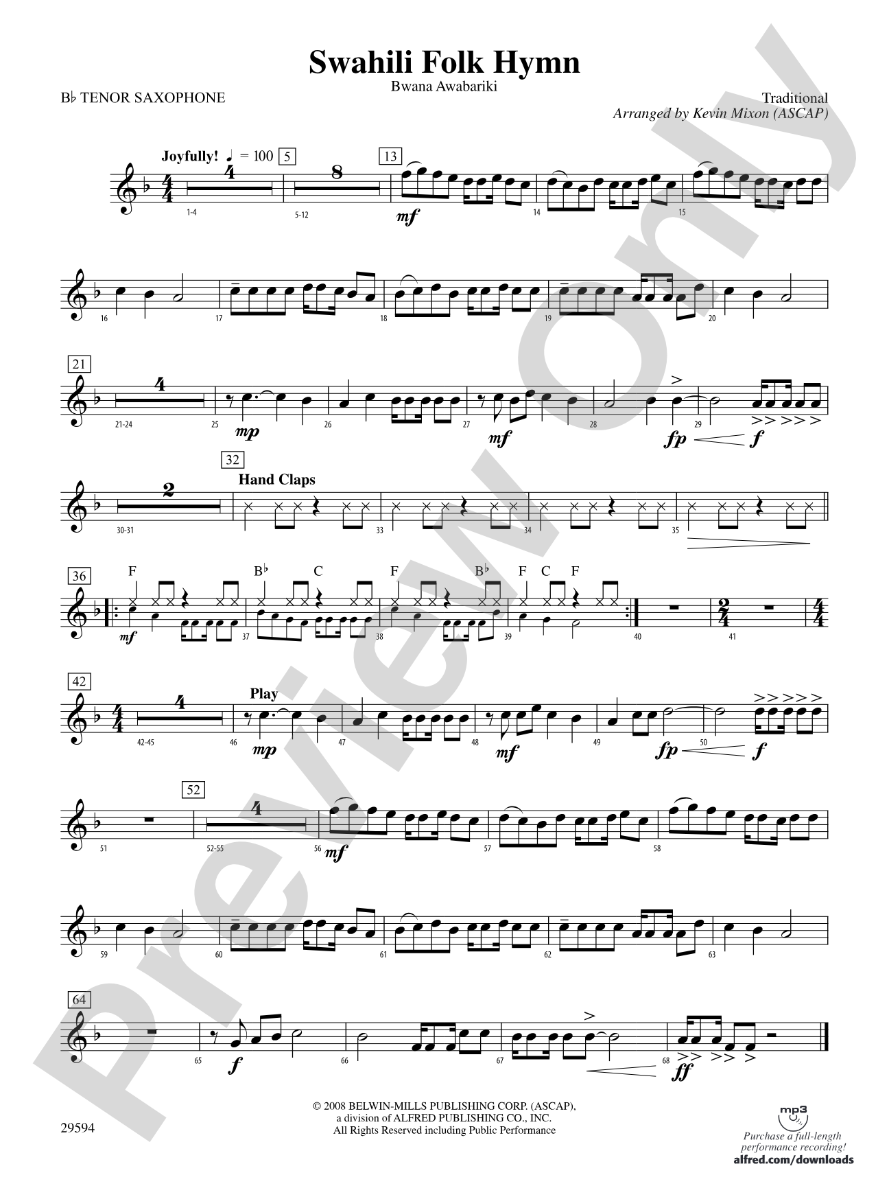 Swahili Folk Hymn (Bwana Awabariki): B-flat Tenor Saxophone