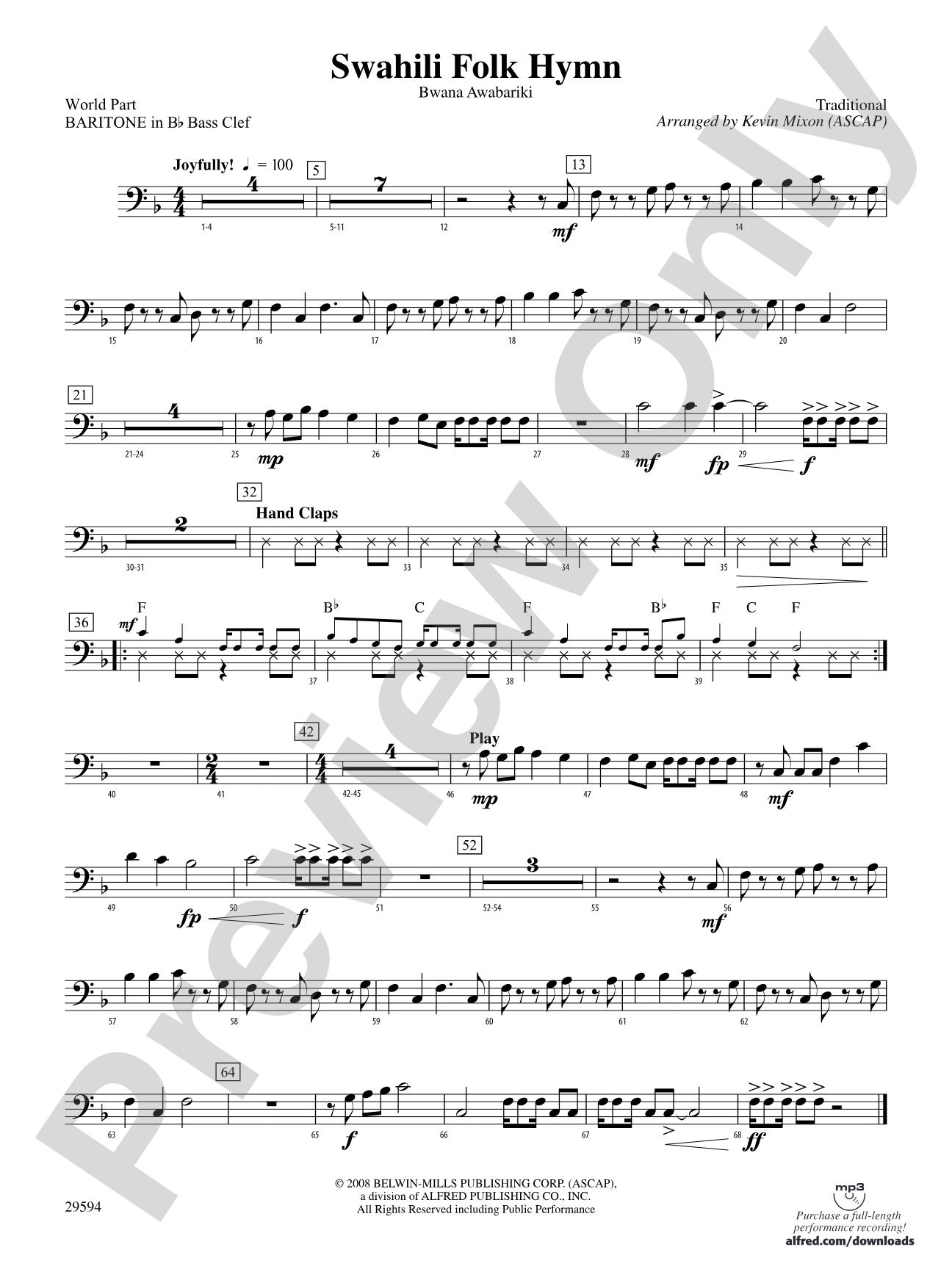 Swahili Folk Hymn (Bwana Awabariki): (wp) B-flat Baritone B.C.