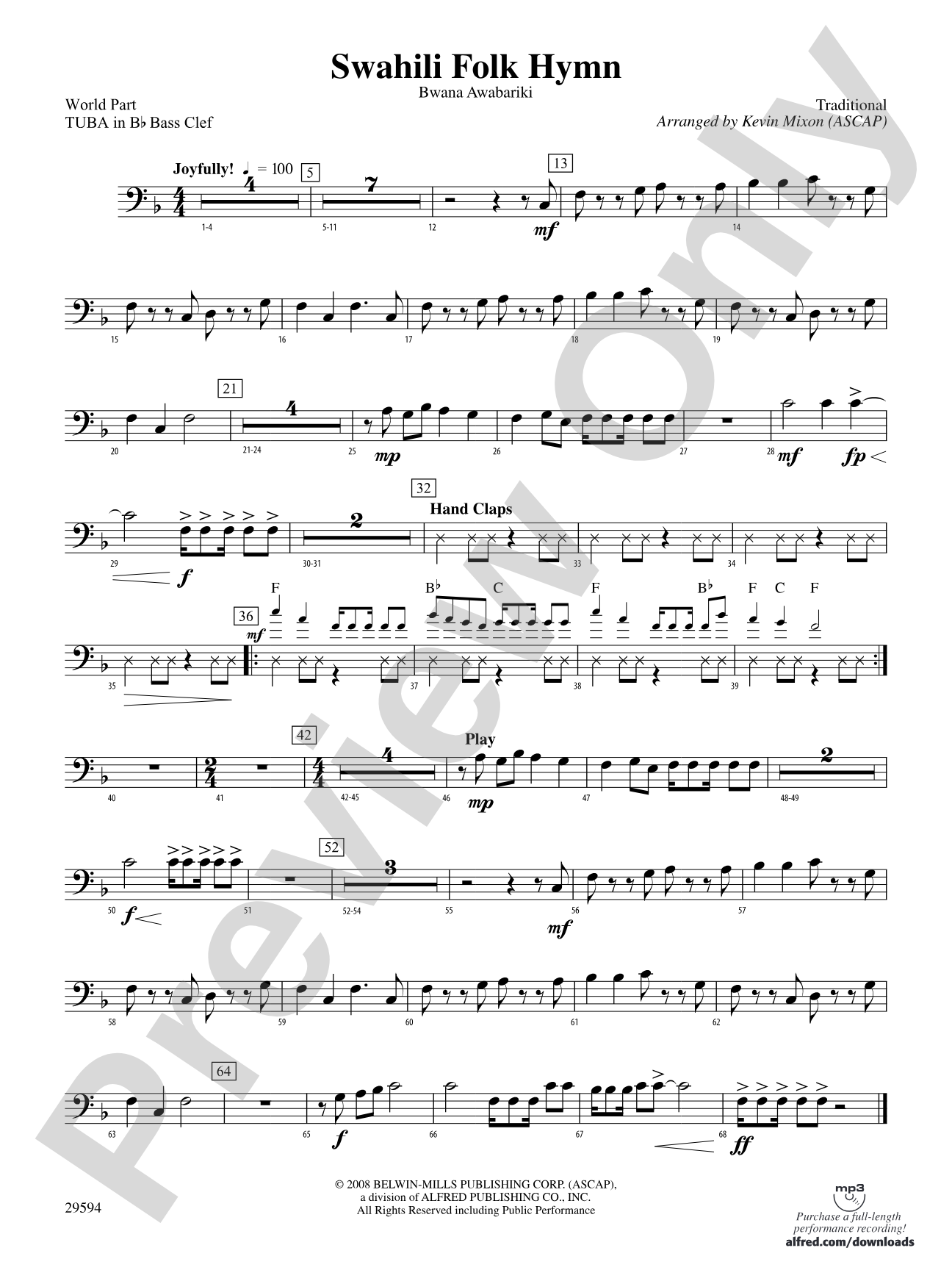 Swahili Folk Hymn (Bwana Awabariki): (wp) B-flat Tuba B.C.