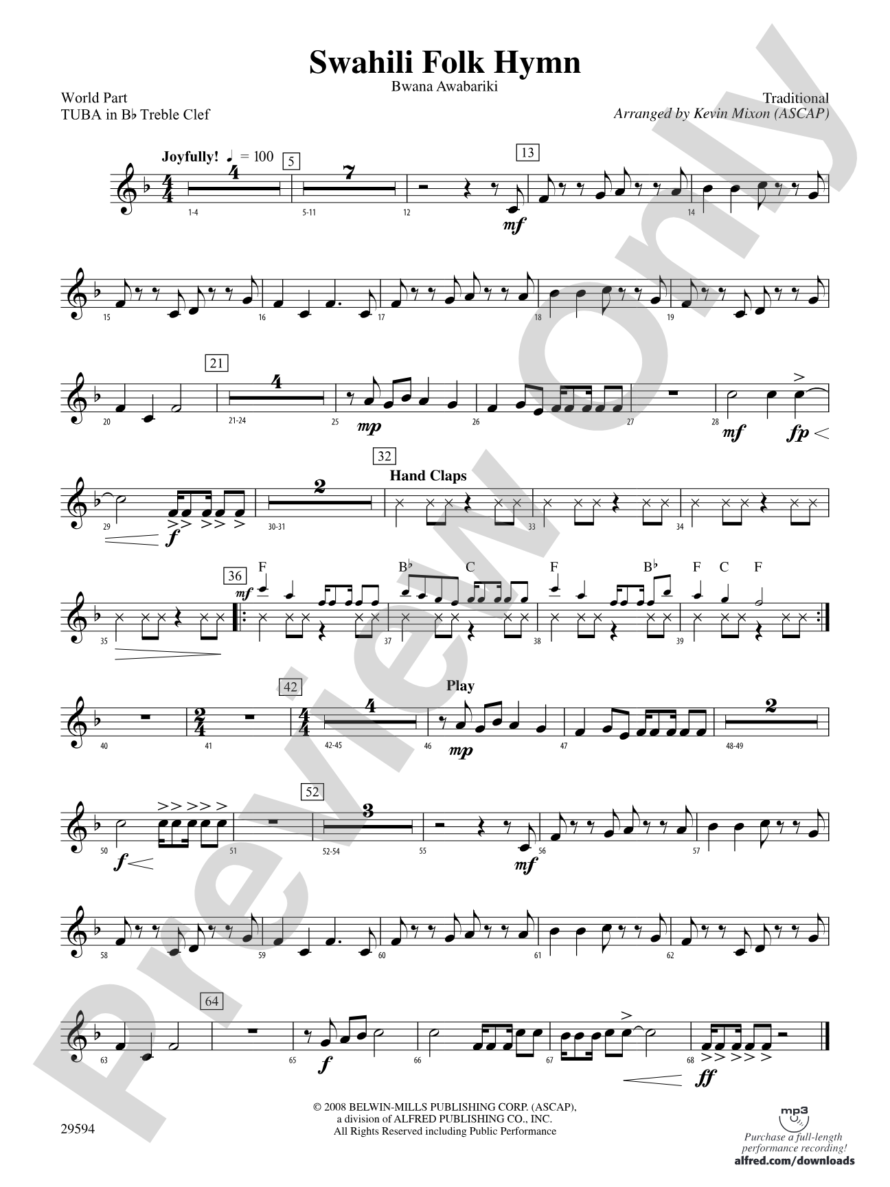 Swahili Folk Hymn (Bwana Awabariki): (wp) B-flat Tuba T.C.