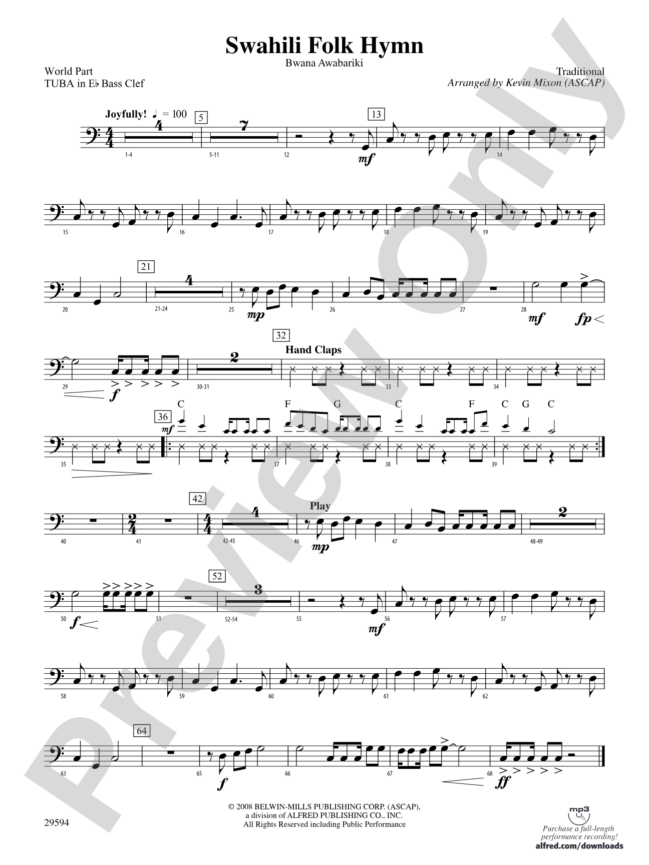 Swahili Folk Hymn (Bwana Awabariki): (wp) E-flat Tuba B.C.