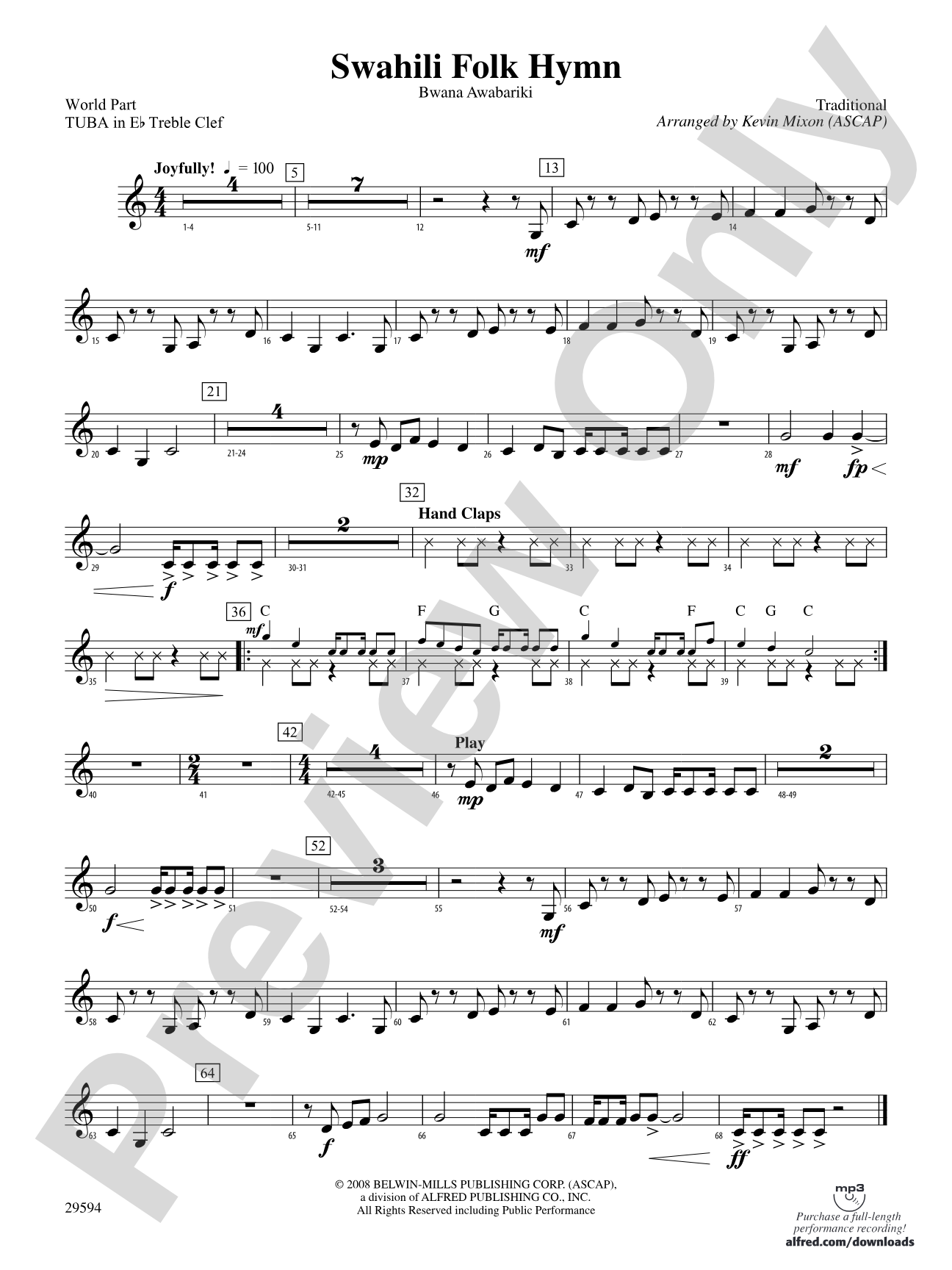 Swahili Folk Hymn (Bwana Awabariki): (wp) E-flat Tuba T.C.