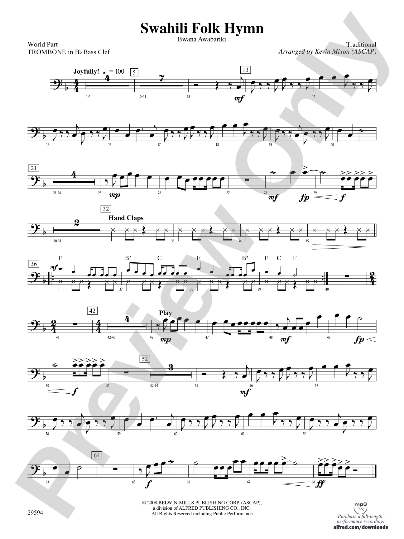 Swahili Folk Hymn (Bwana Awabariki): (wp) 1st B-flat Trombone B.C.