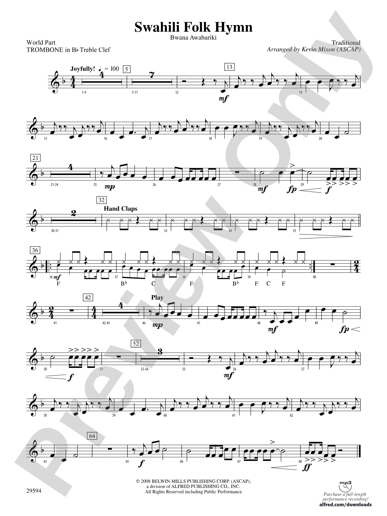 Swahili Folk Hymn (Bwana Awabariki): (wp) 1st B-flat Trombone T.C.