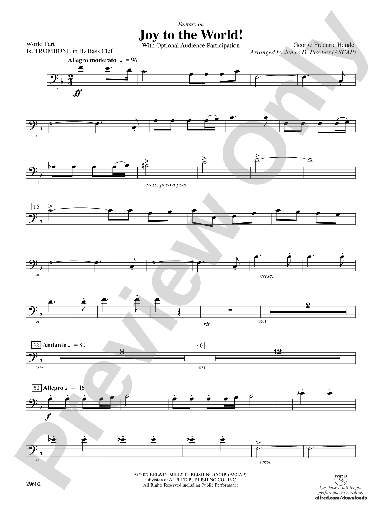 Joy to the World: (wp) 1st B-flat Trombone B.C.