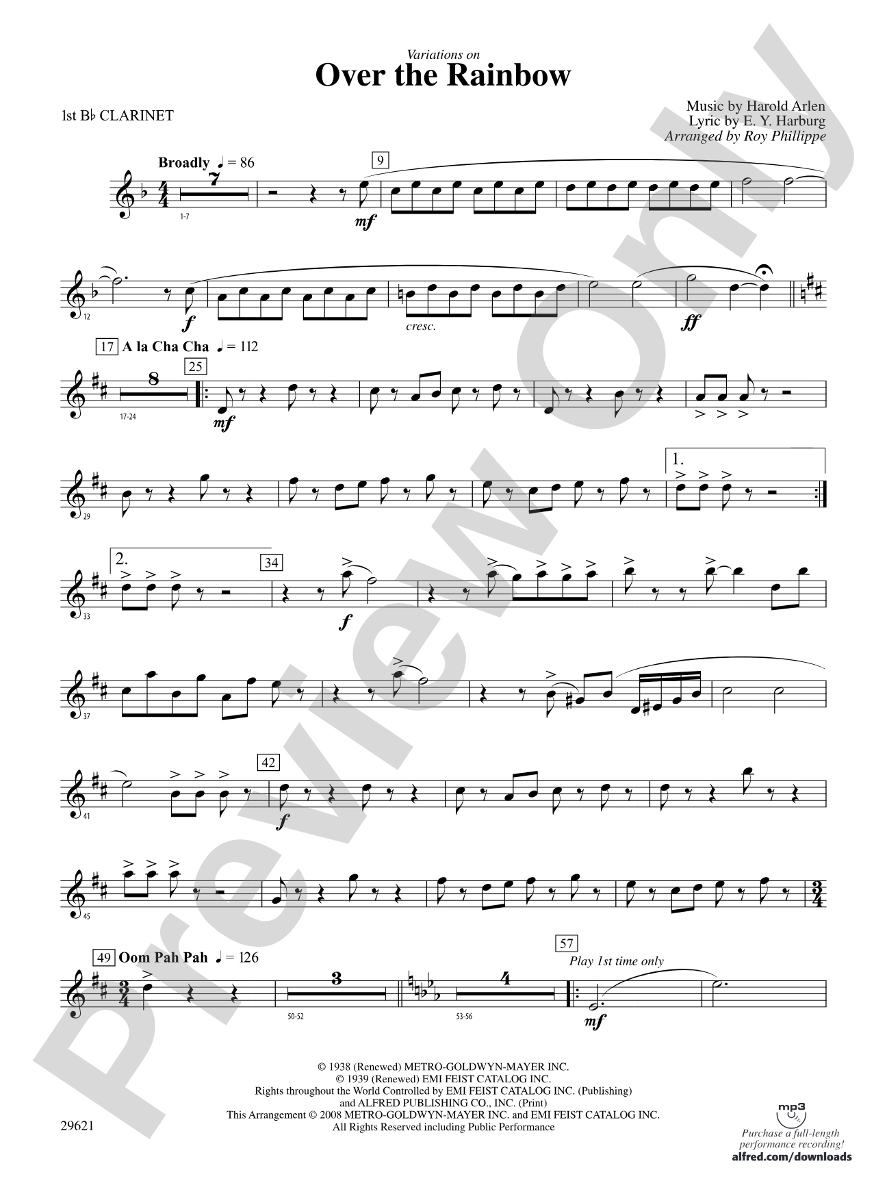 Over the Rainbow (from The Wizard of Oz), Variations on: 1st B-flat Clarinet