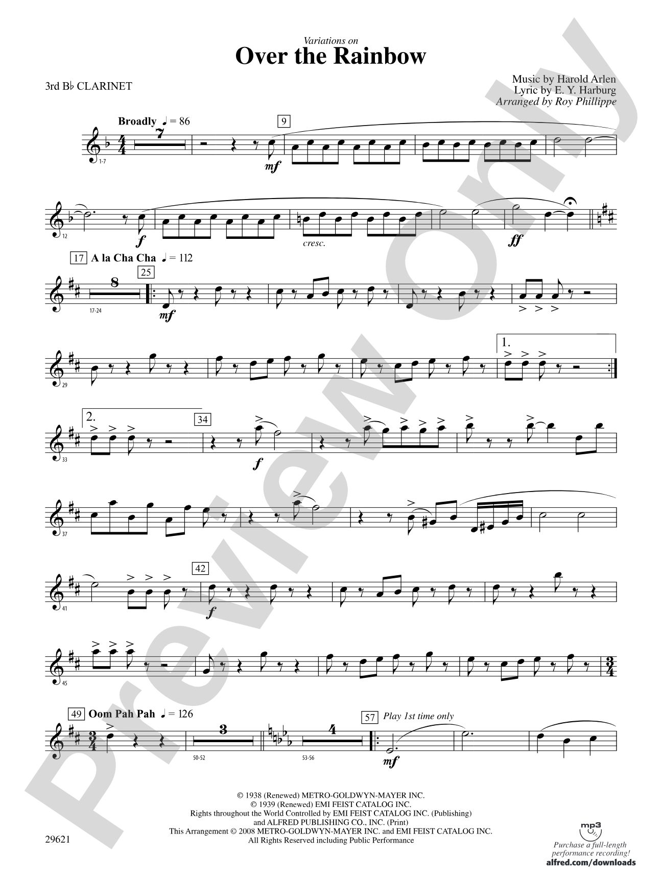 Over the Rainbow (from The Wizard of Oz), Variations on: 3rd B-flat Clarinet