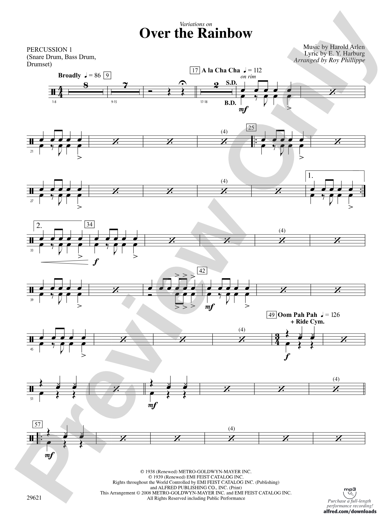 Over the Rainbow (from The Wizard of Oz), Variations on: 1st Percussion