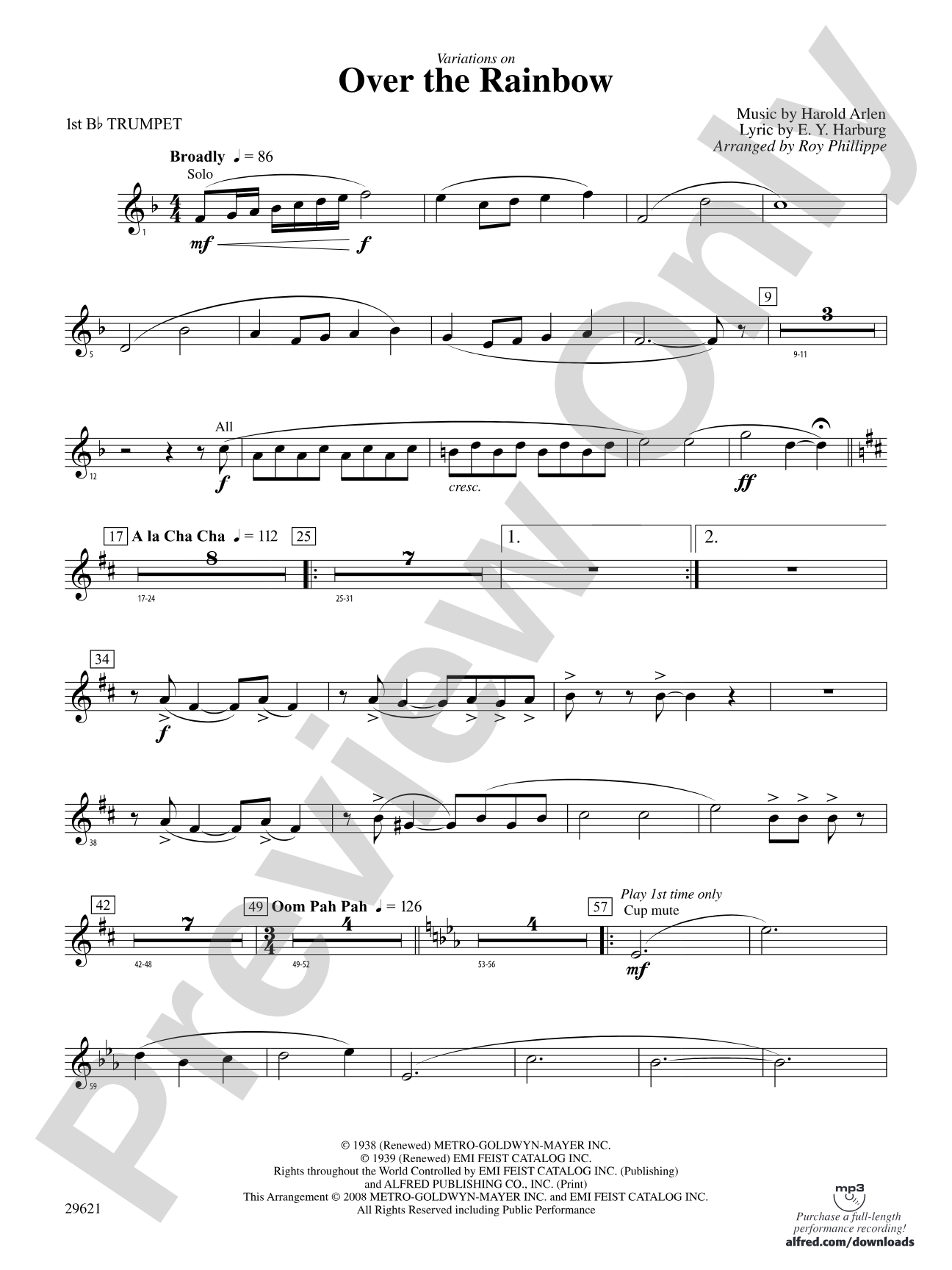 Over the Rainbow (from The Wizard of Oz), Variations on: 1st B-flat Trumpet