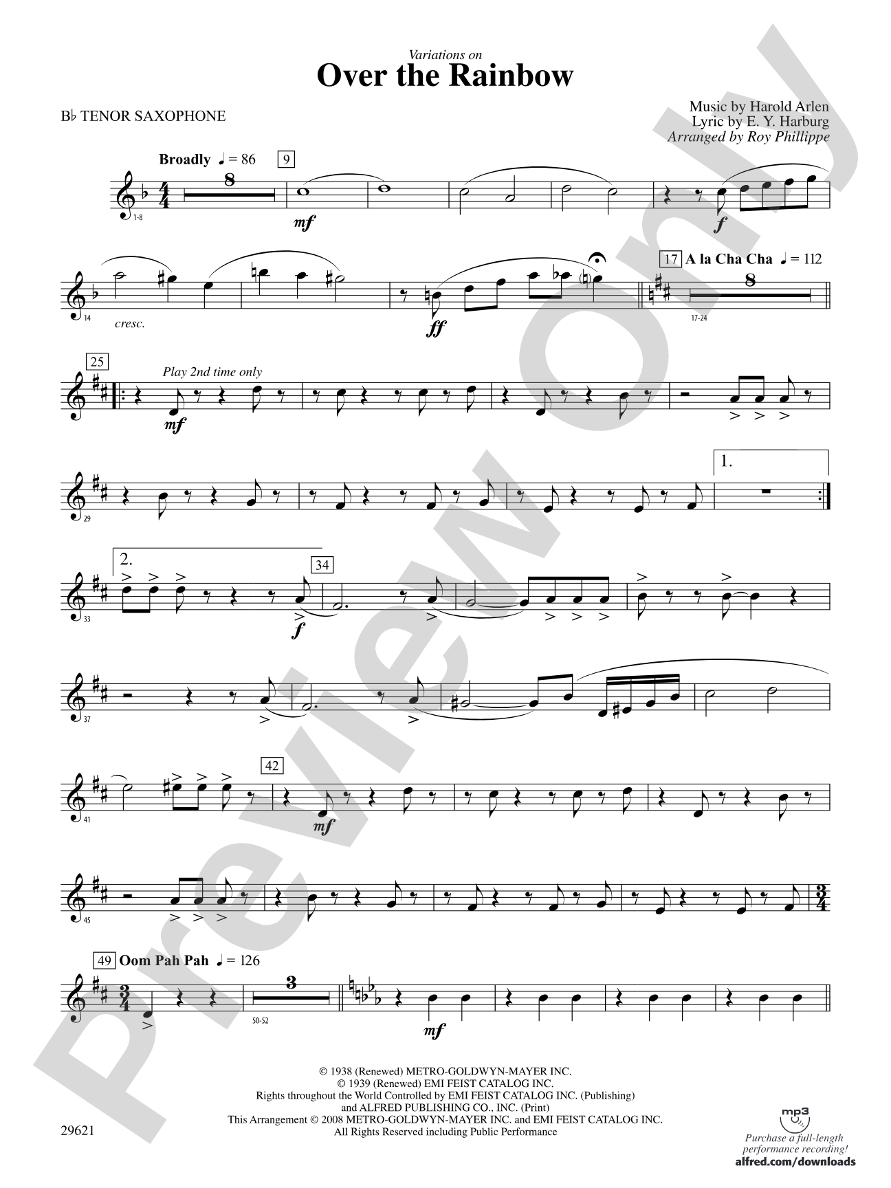 Over the Rainbow (from The Wizard of Oz), Variations on: B-flat Tenor Saxophone