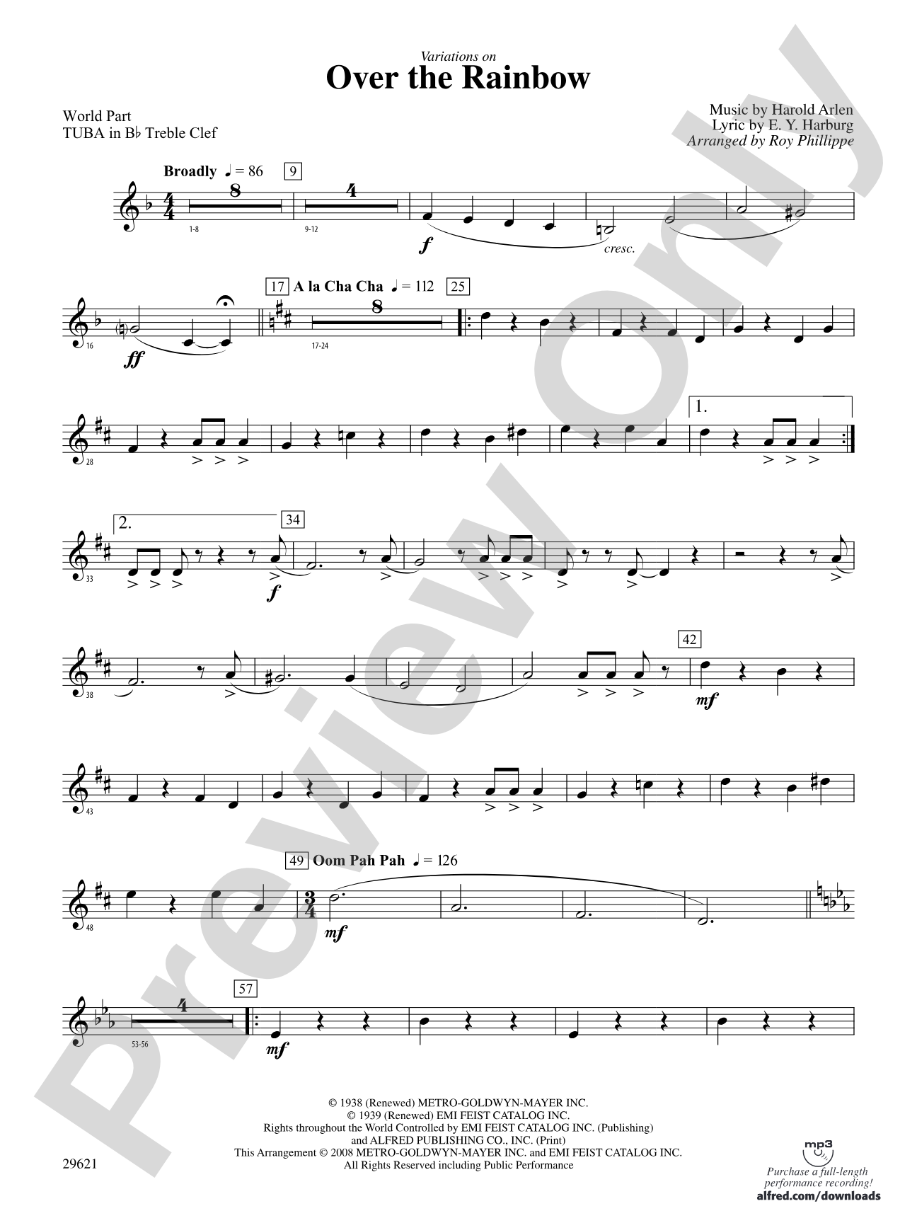 Over the Rainbow (from The Wizard of Oz), Variations on: (wp) B-flat Tuba T.C.