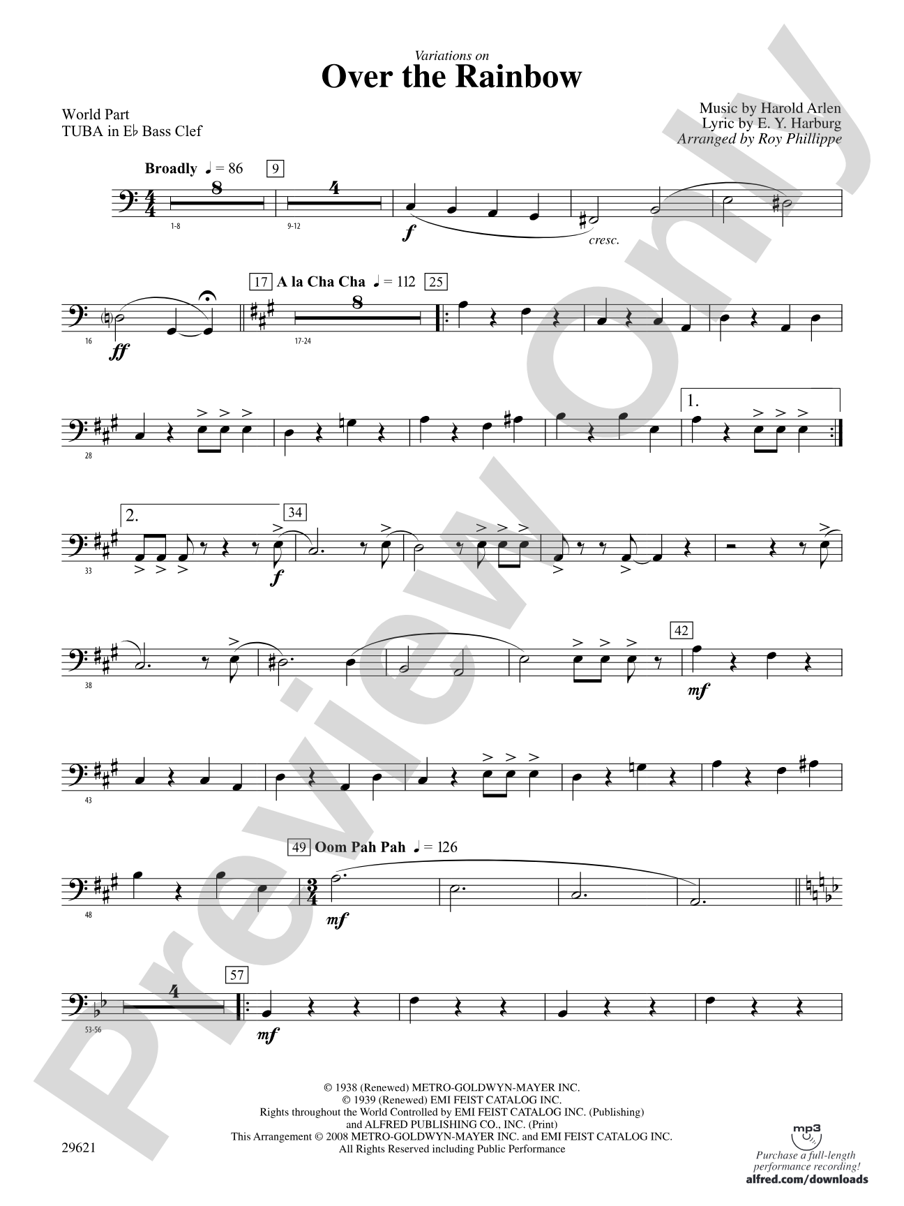 Over the Rainbow (from The Wizard of Oz), Variations on: (wp) E-flat Tuba B.C.