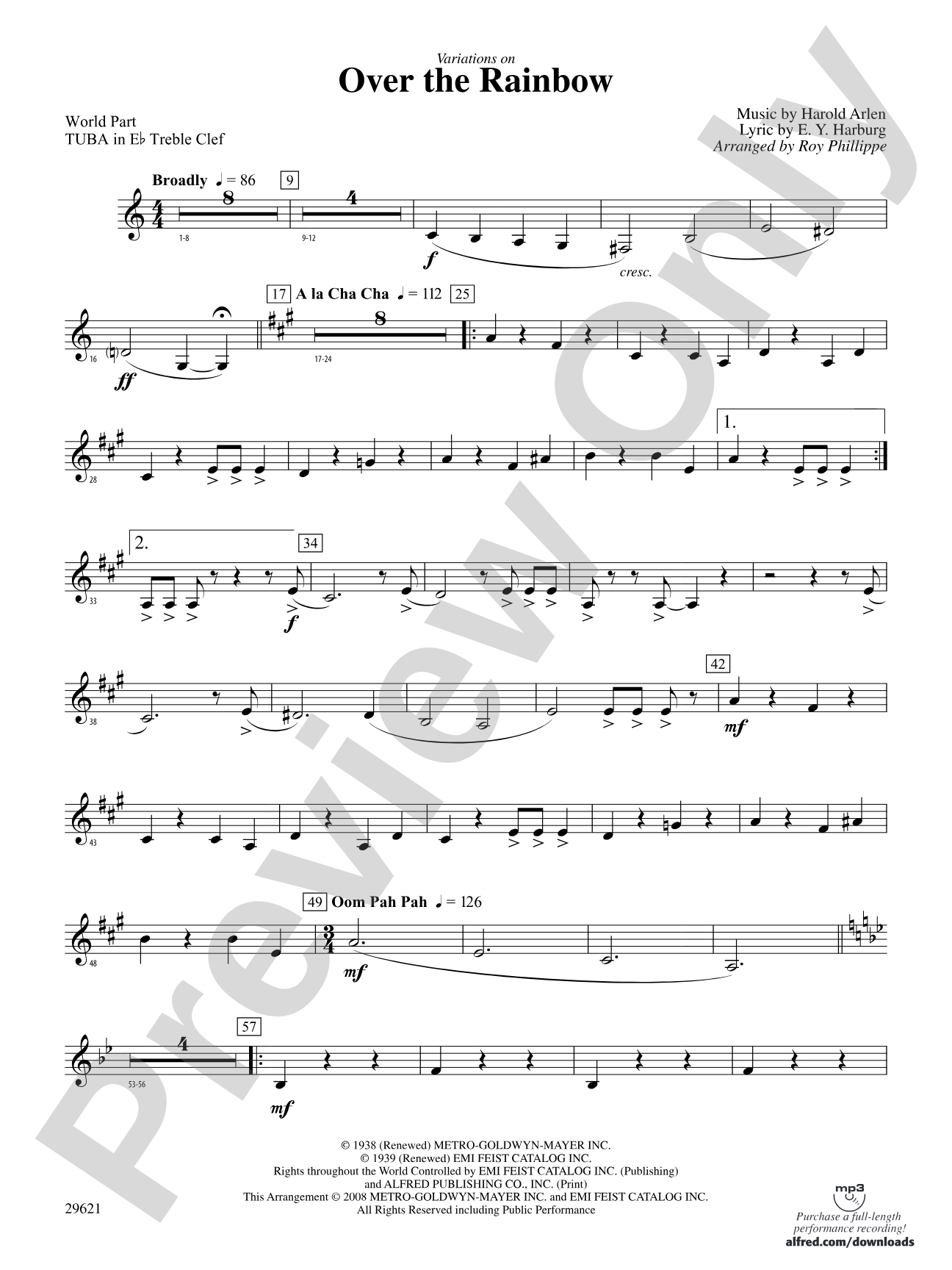 Over the Rainbow (from The Wizard of Oz), Variations on: (wp) E-flat Tuba T.C.