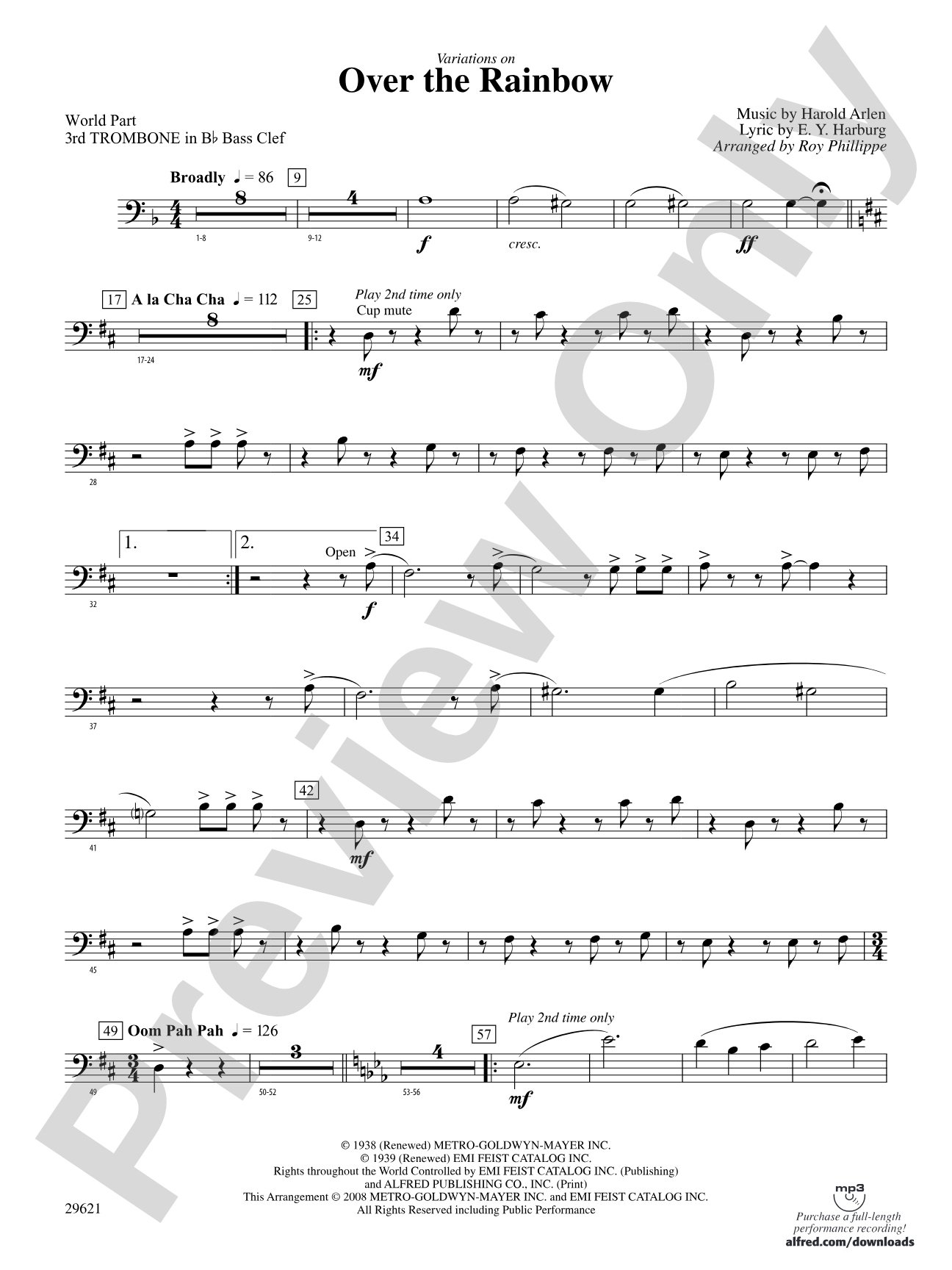 Over the Rainbow (from The Wizard of Oz), Variations on: (wp) 3rd B-flat Trombone B.C.